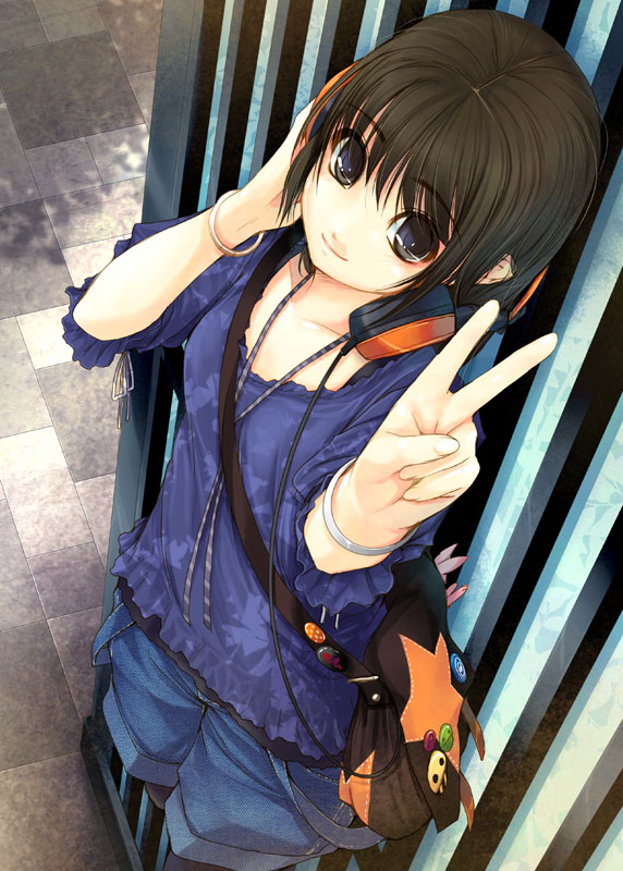 kirishima satoshi, bookbag, 1girl, bag, black hair, bracelet, female focus, from above, grey eyes, headphones, jewelry, long hair, shorts, smile, solo, v