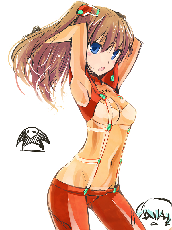 ohta yuichi, angel (evangelion), ayanami rei, sachiel (evangelion), souryuu asuka langley, evangelion: 2.0 you can (not) advance, neon genesis evangelion, rebuild of evangelion, hands in hair, 00s, 2girls, armpits, arms behind head, arms up, blue eyes, blush, bodysuit, breasts, brown hair, chibi, chibi inset, cleavage, clothes writing, covered navel, cowboy shot, from side, groin, hair between eyes, headgear, long hair, mecha pilot suit, multiple girls, navel, open mouth, plugsuit (evangelion), see-through cleavage, see-through clothes, simple background, small breasts, solo focus, test plugsuit (evangelion), turtleneck, twintails, white background