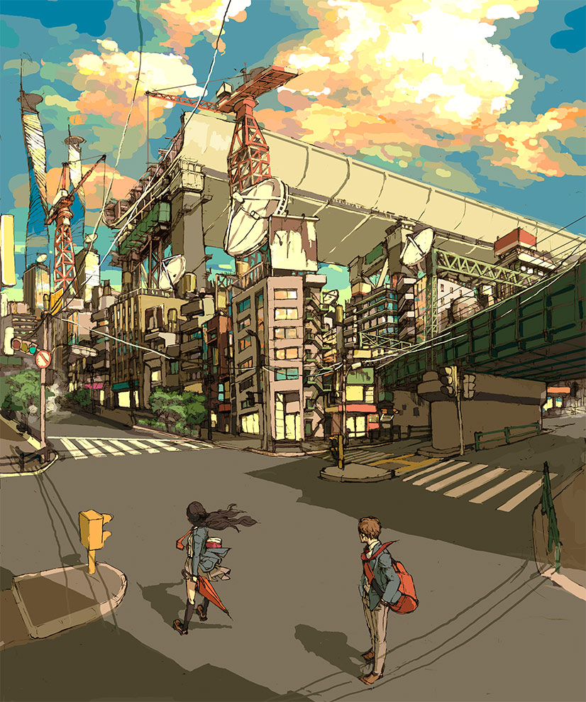 gecco, hirasawa geko, skywheel, original, bad id, bad pixiv id, 1boy, 1girl, arms at sides, bag, black socks, blouse, cityscape, closed umbrella, crosswalk, day, holding, holding umbrella, kneehighs, outdoors, scenery, shirt, shoulder bag, slice of life, socks, standing, traffic light, umbrella, white shirt