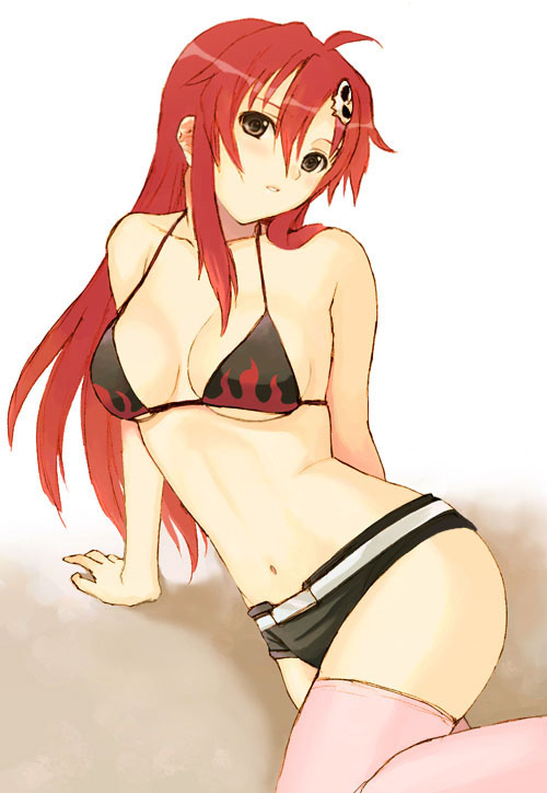 seiru (prairie), yoko littner, tengen toppa gurren lagann, 00s, 1girl, arm support, belt, bikini, bikini top only, black bikini, blush, breasts, cleavage, female focus, hair ornament, long hair, midriff, navel, pink thighhighs, red hair, short shorts, shorts, skindentation, solo, swimsuit, thighhighs, underboob