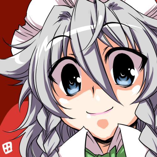 tajima yuuki, izayoi sakuya, touhou, silver hair, lowres, 1girl, blue eyes, female focus, portrait, solo