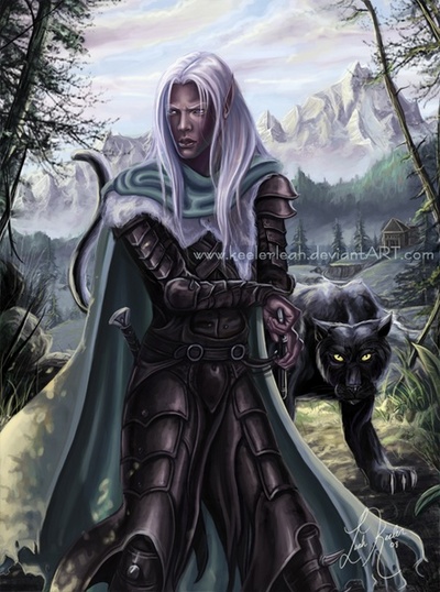 keelerleah, black panther, drizzt do'urden, guenhwyvar, armor, cloak, dark elf, drow, dual wielding, elf, fantasy, holding, mountainous horizon, panther, pine tree, plate armor, pointy ears, purple eyes, scimitar, signature, sword, tree, weapon, white hair
