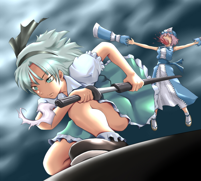 ao usagi, konpaku youmu, saigyouji yuyuko, touhou, silver hair, 2girls, aqua eyes, blood, detached sleeves, dress, female focus, gradient background, hairband, hat, katana, multiple girls, pink hair, sheath, sheathed, short hair, sword, torn clothes, weapon