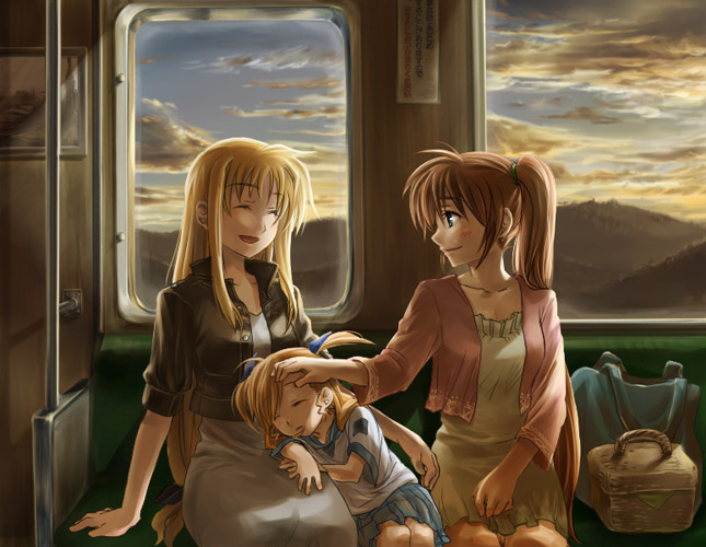 fate testarossa, takamachi nanoha, vivio, lyrical nanoha, mahou shoujo lyrical nanoha, mahou shoujo lyrical nanoha strikers, 00s, 3girls, blonde hair, blue eyes, blush, brown hair, casual, family, family bonding, long hair, mother and daughter, multiple girls, picnic basket, purple eyes, side ponytail, skirt, sleeping, slice of life, smile, train, train interior, yuri