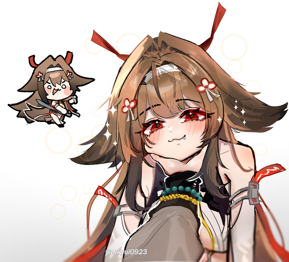 shitsu (kurikaesi), wise (soaring crane) (zenless zone zero), wise (zenless zone zero), ye shunguang, zenless zone zero, commentary request, 1boy, 1girl, :3, armlet, bare shoulders, blush, bracelet, breasts, brown hair, brown tail, chibi, china dress, chinese clothes, closed mouth, clover, clover hair ornament, collarbone, dress, droopy ears, fang, hair ornament, hairband, hand on another's chin, head rest, hetero, holding, holding sword, holding weapon, jewelry, long hair, looking at viewer, medium breasts, official alternate costume, red eyes, see-through clothes, silver armlet, sparkle, sword, tail, twitter username, weapon, white background, white dress, white hairband