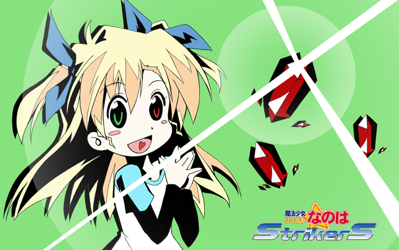 yukino kou, vivio, lyrical nanoha, mahou shoujo lyrical nanoha, mahou shoujo lyrical nanoha strikers, tengen toppa gurren lagann, tagme, 1girl, :d, crystal, female focus, green background, heart, heart in mouth, heterochromia, lens flare, open mouth, parody, simple background, smile, solo