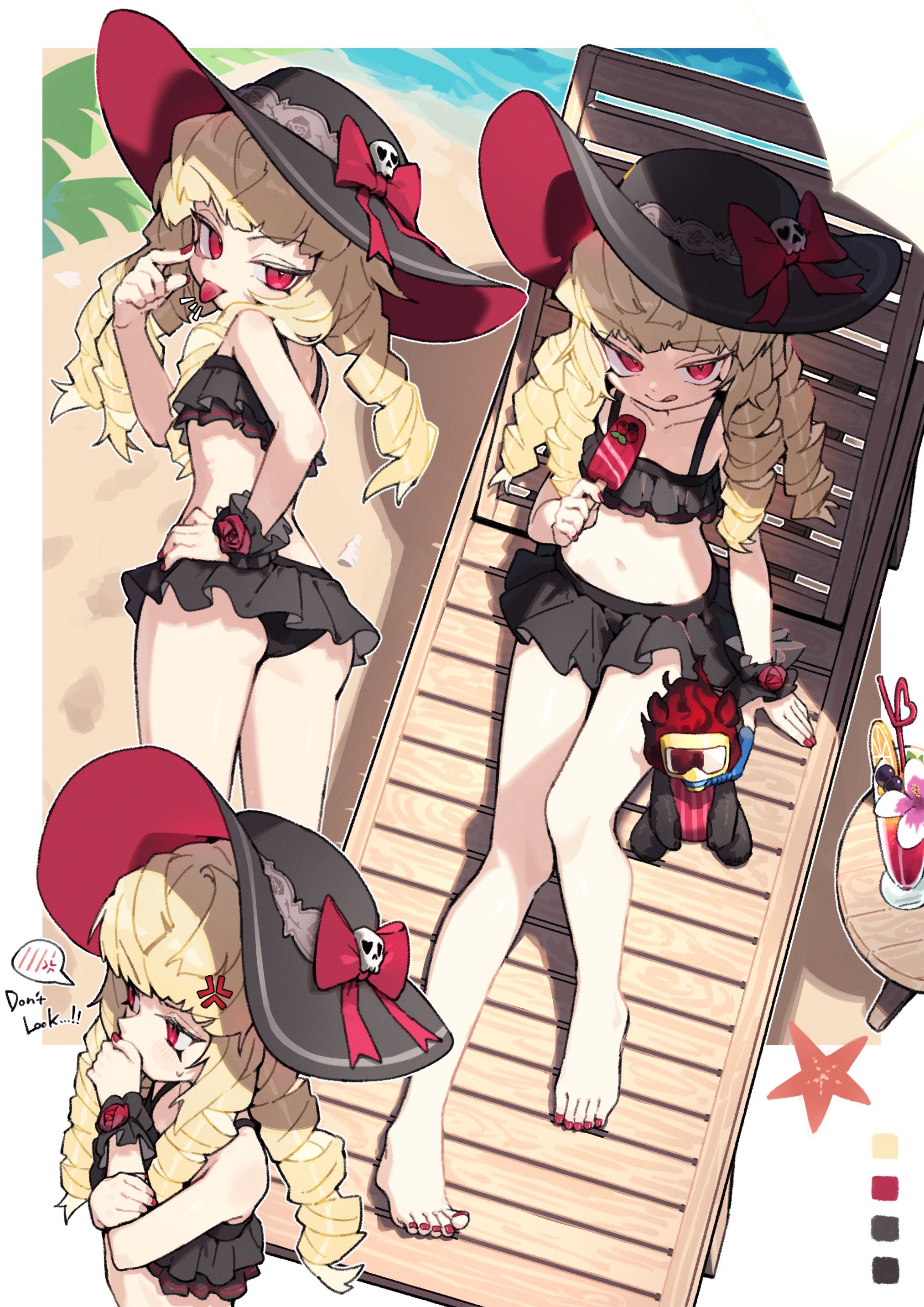 zizi niisan, original, absurdres, highres, 1girl, :p, :q, akanbe, ass, barefoot, beach, bikini, bikini skirt, black bikini, blonde hair, chair, color guide, drill hair, embarrassed, eyelid pull, flat chest, full body, hat, long hair, looking at viewer, lounge chair, multiple views, navel, red eyes, smile, sunlight, swimsuit, tongue, tongue out