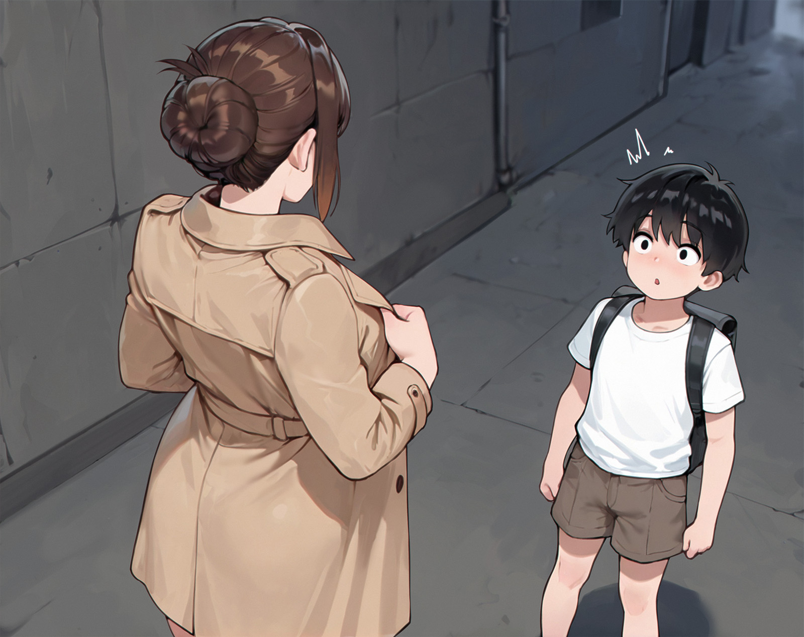 bibita (zee s), original, highres, 1boy, 1girl, age difference, alley, bag, black eyes, black hair, blush, brown hair, clothes pull, coat, exhibitionism, flashing, hair bun, onee-shota, open mouth, public indecency, pulling own clothes, school bag, short hair, standing, trench coat, undressing