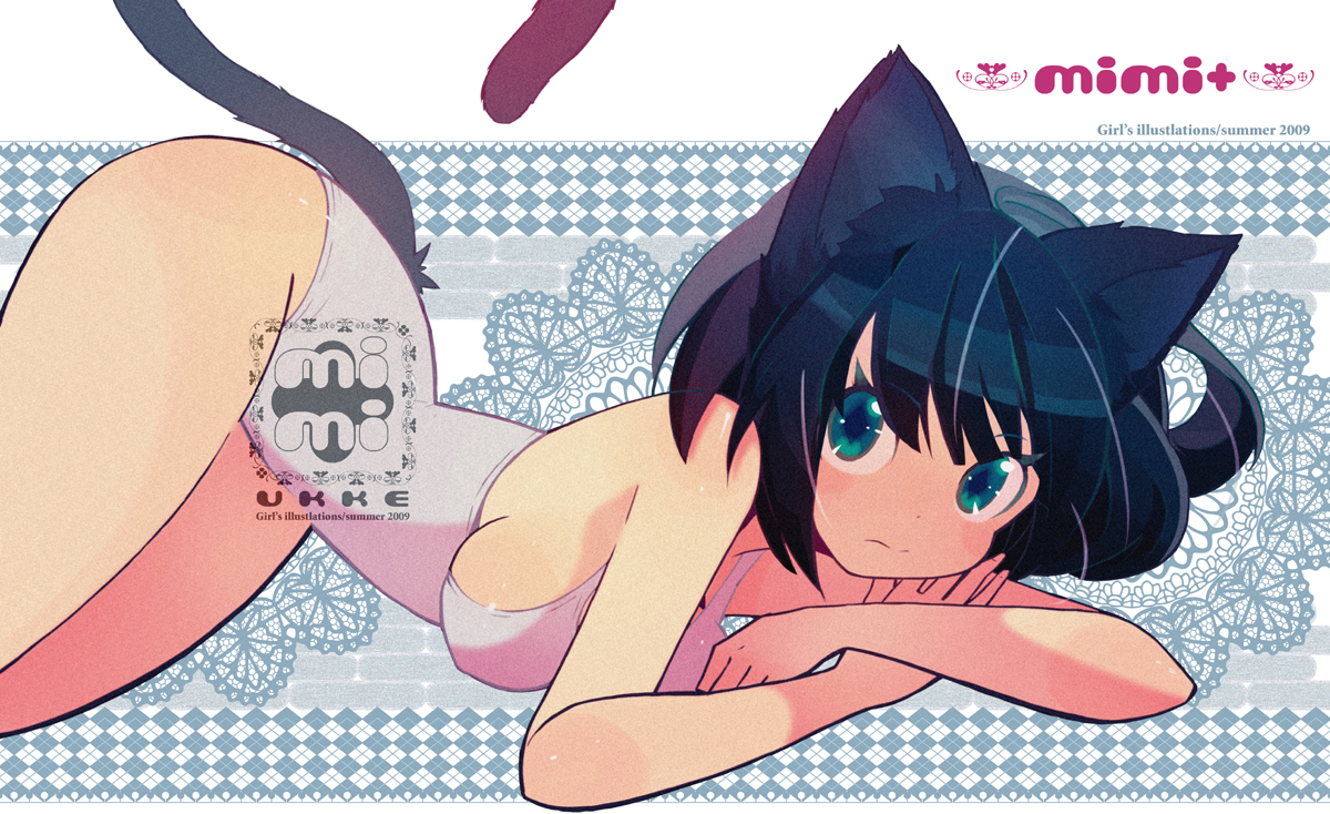 ukke, 1girl, animal ears, black hair, cat ears, cat tail, crossed arms, female focus, green eyes, one-piece swimsuit, solo, swimsuit, tail