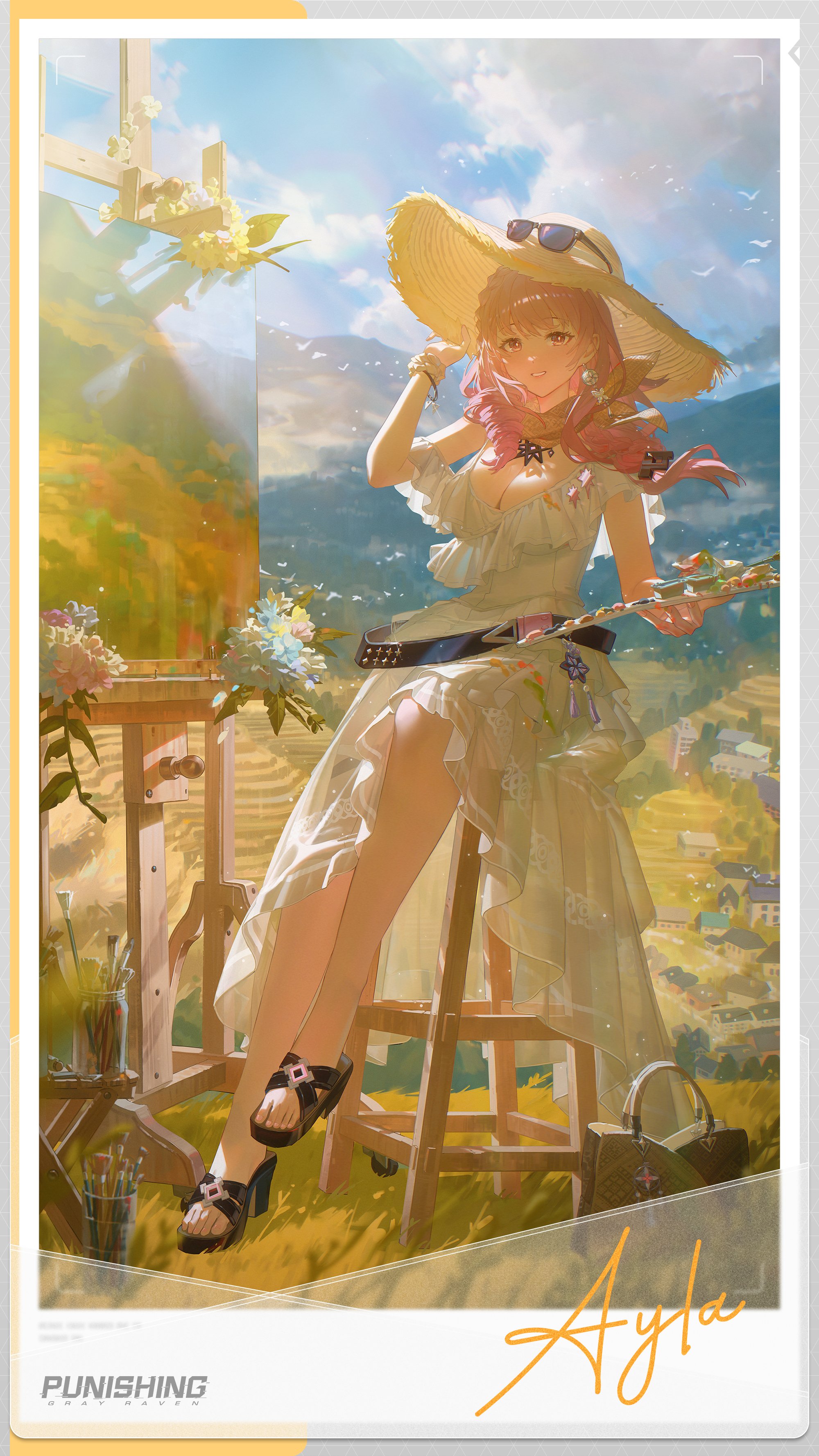 ayla (pgr), punishing: gray raven, absurdres, commentary, english commentary, highres, official art, 1girl, arm up, bag, belt, black belt, block heels, braid, breasts, brown bag, brown hat, canvas (object), character name, cleavage, cloud, copyright name, day, dress, drill hair, earrings, easel, eyewear on headwear, feet, flower, frilled cuffs, frilled dress, frilled skirt, frills, grass, handbag, hat, holding, holding paint palette, house, jar, jewelry, large breasts, looking at viewer, medium hair, mountain, outdoors, paint palette, paintbrush, parted lips, picture frame, pink eyes, pink hair, scarf, sitting, skirt, smile, solo, sun hat, sunlight, tree, white dress, white flower, white wrist cuffs, wooden stool, wrist cuffs, yellow scarf