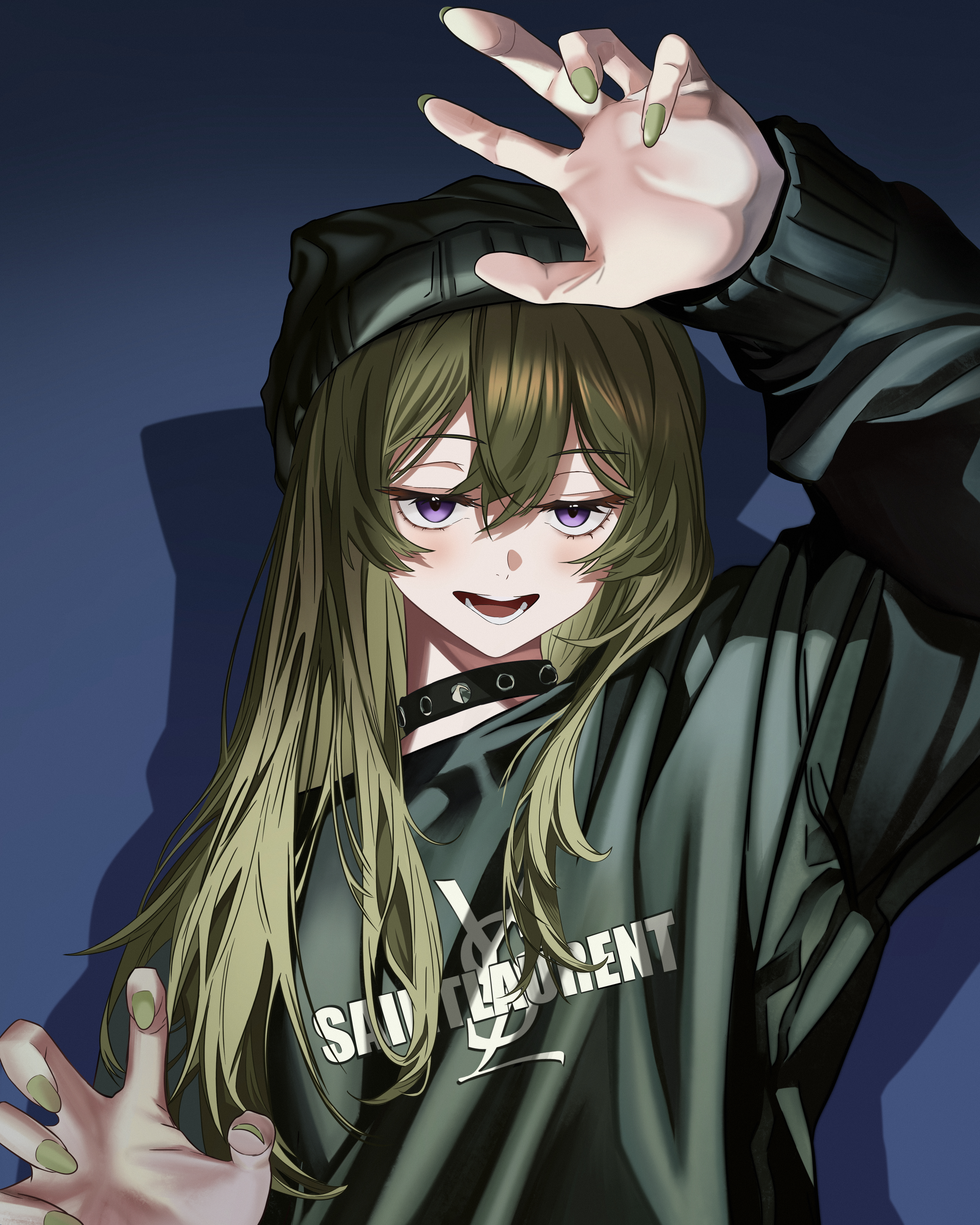 jmx (j m x), ubel (sousou no frieren), sousou no frieren, absurdres, ai-assisted, highres, black choker, choker, green hair, hat, long hair, looking at viewer, open mouth, purple eyes, sweater, teeth