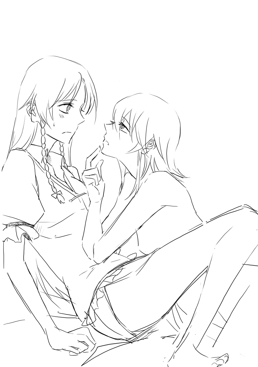 negom, hong meiling, izayoi sakuya, touhou, highres, 2girls, braid, eye contact, female focus, greyscale, looking at another, monochrome, multiple girls, short hair, yuri