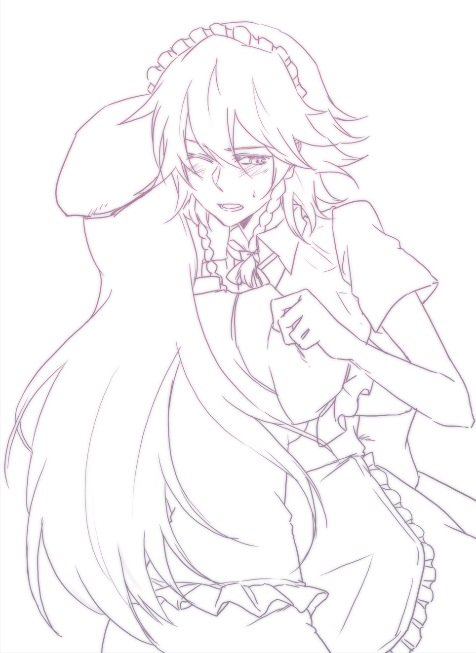 negom, hong meiling, izayoi sakuya, embodiment of scarlet devil, touhou, highres, 2girls, blush, female focus, hairband, hug, maid, maid headdress, monochrome, multiple girls, one eye closed, wink, yuri