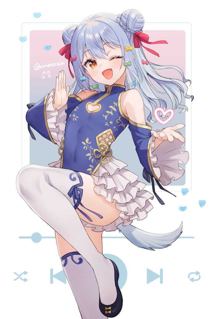 anecokgm, inuyama tamaki, inuyama tamaki (5th costume), noripro, commission, skeb commission, 1boy, blue dress, blue hair, bow, china dress, chinese clothes, cowboy shot, crossdressing, crossdressing (mtf), detached sleeves, digital media player, double bun, dress, fang, frilled dress, frilled sleeves, frills, hair bow, hair bun, hand up, knee up, long sleeves, looking at viewer, male focus, multiple hair bows, official alternate costume, one eye closed, red ribbon, ribbon, side up bun, smile, solo, standing, standing on one leg, thighhighs, trap, virtual youtuber, white thighhighs, yellow eyes, zettai ryouiki