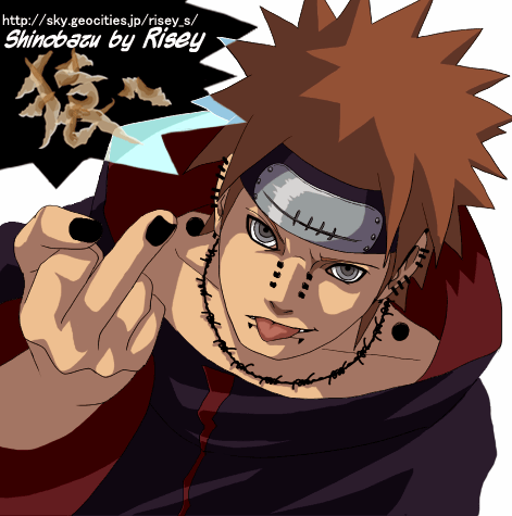 risey, pain (naruto), pain (tendo), naruto (series), naruto shippuuden, lowres, akatsuki (naruto), brown hair, corpse, forehead protector, grey eyes, headband, middle finger, orange hair, piercing, rinnegan, tongue