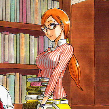 kubo tite, inoue orihime, bleach, lowres, official art, 00s, 1girl, bespectacled, book, bookshelf, breasts, female focus, glasses, grey eyes, large breasts, library, long hair, matching hair/eyes, orange eyes, orange hair, ponytail, shirt, solo, striped clothes, striped shirt