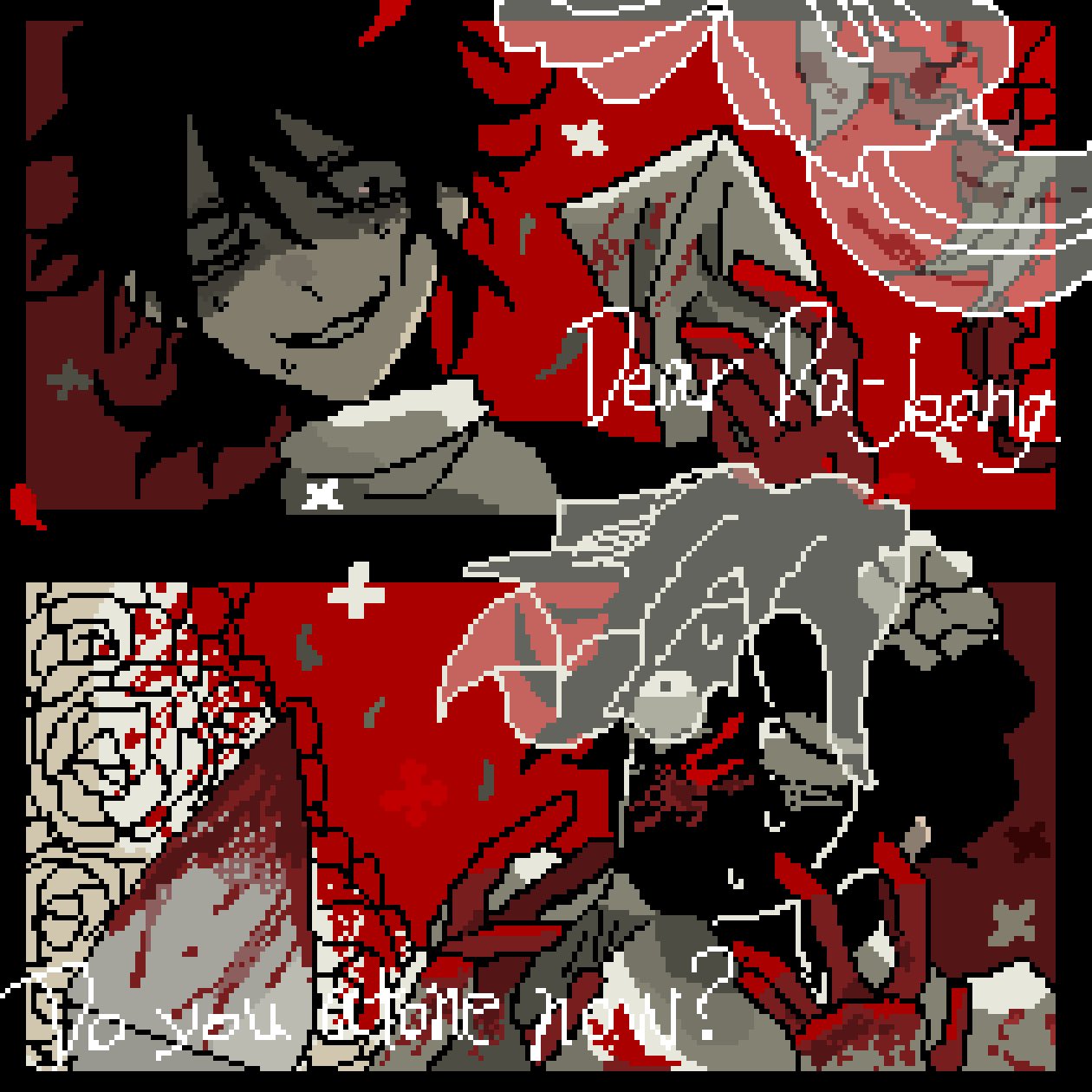 highres, 2boys, 9aaaalt29, black hair, blood, blood on face, blood on flower, choi dajeong, english text, envelope, flower, holding, holding envelope, married in red, multiple boys, pale skin, pixel art, red theme, rose, shirt, smile, teeth, white flower, white rose