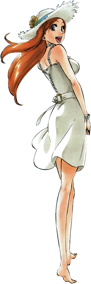 kubo tite, inoue orihime, bleach, long image, official art, tall image, 00s, 1girl, barefoot, breasts, brown eyes, dress, feet, female focus, flower, full body, grey eyes, hat, hat flower, large breasts, legs, long hair, looking back, open mouth, orange hair, smile, solo, standing, sun hat, sundress, transparent background