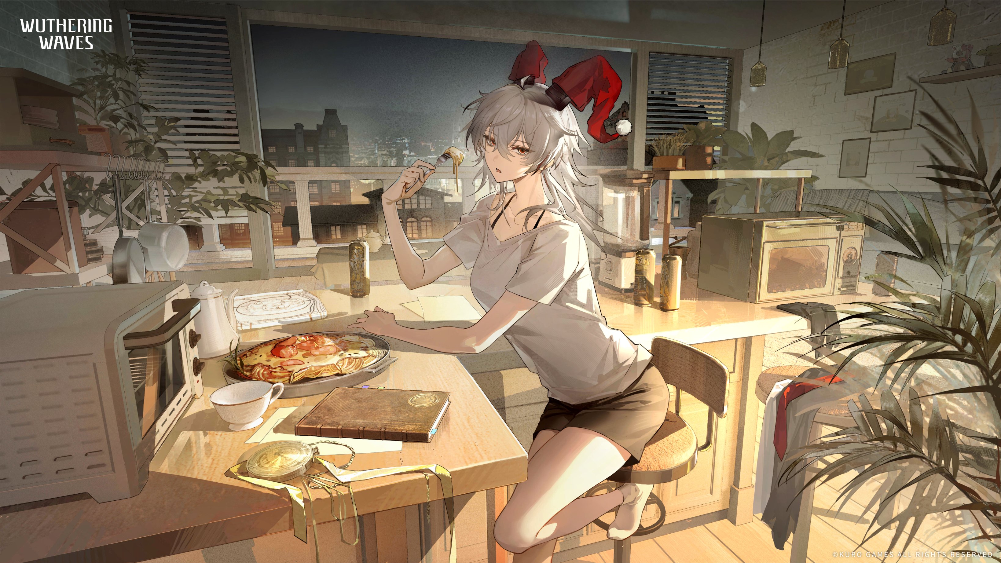 zani (wuthering waves), wuthering waves, absurdres, commentary, english commentary, highres, official art, 1girl, alternate costume, black shorts, book, breasts, can, drink can, fake horns, food, fork, grey hair, hair between eyes, holding, holding fork, horn cover, horns, indoors, large breasts, logo, long hair, looking at viewer, microwave, no shoes, parted lips, pasta, red eyes, shirt, shorts, socks, solo, spaghetti, white shirt, white socks