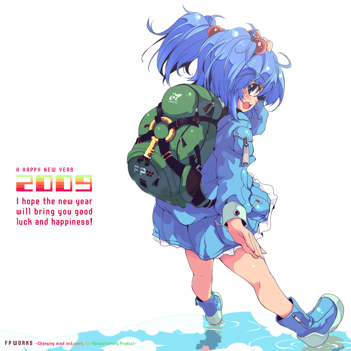 fukai ryosuke, kawashiro nitori, touhou, bad id, bad pixiv id, highres, 00s, 1girl, 2009, backpack, bag, blue eyes, blue hair, blush, blush stickers, boots, female focus, hair bobbles, hair ornament, hand on own head, looking back, matching hair/eyes, new year, no headwear, randoseru, solo, twintails, two side up