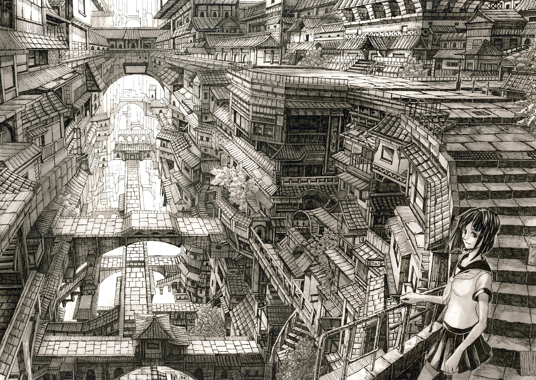 makoto tauzo, mita mitauzo, original, bad id, bad pixiv id, highres, traditional media, 1girl, absurdly detailed composition, architecture, bridge, cityscape, complex exterior, covered bridge, grand scale, monochrome, scenery, school uniform, sepia, serafuku, stairs