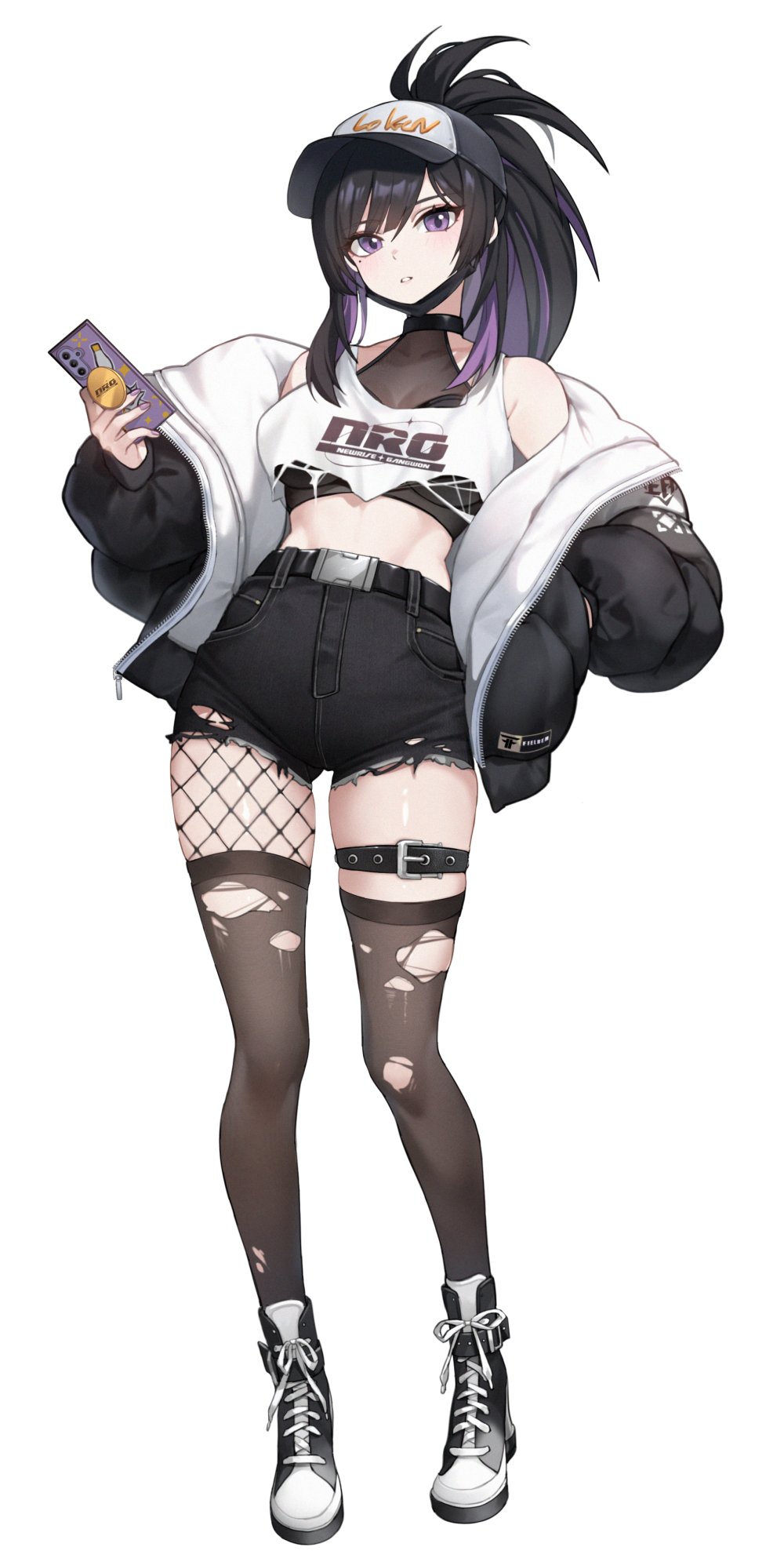 kkonaeng, tsubame (black survival), black survival, eternal return: black survival, highres, 1girl, bare shoulders, baseball cap, belt, black choker, black hair, black jacket, black shoes, black shorts, breasts, brown thighhighs, choker, crop top, crop top overhang, full body, hat, high-waist shorts, holding, holding phone, jacket, long hair, long sleeves, looking at viewer, mask, mask pull, medium breasts, midriff, mole, mole under eye, mouth mask, multicolored hair, off shoulder, parted lips, phone, ponytail, puffy long sleeves, puffy sleeves, purple eyes, shirt, shoes, short shorts, shorts, single fishnet legwear, sleeveless, sleeveless shirt, sneakers, solo, streaked hair, thigh belt, thigh strap, thighhighs, thighs, torn clothes, torn shirt, torn shorts, torn thighhighs, undershirt, white shirt