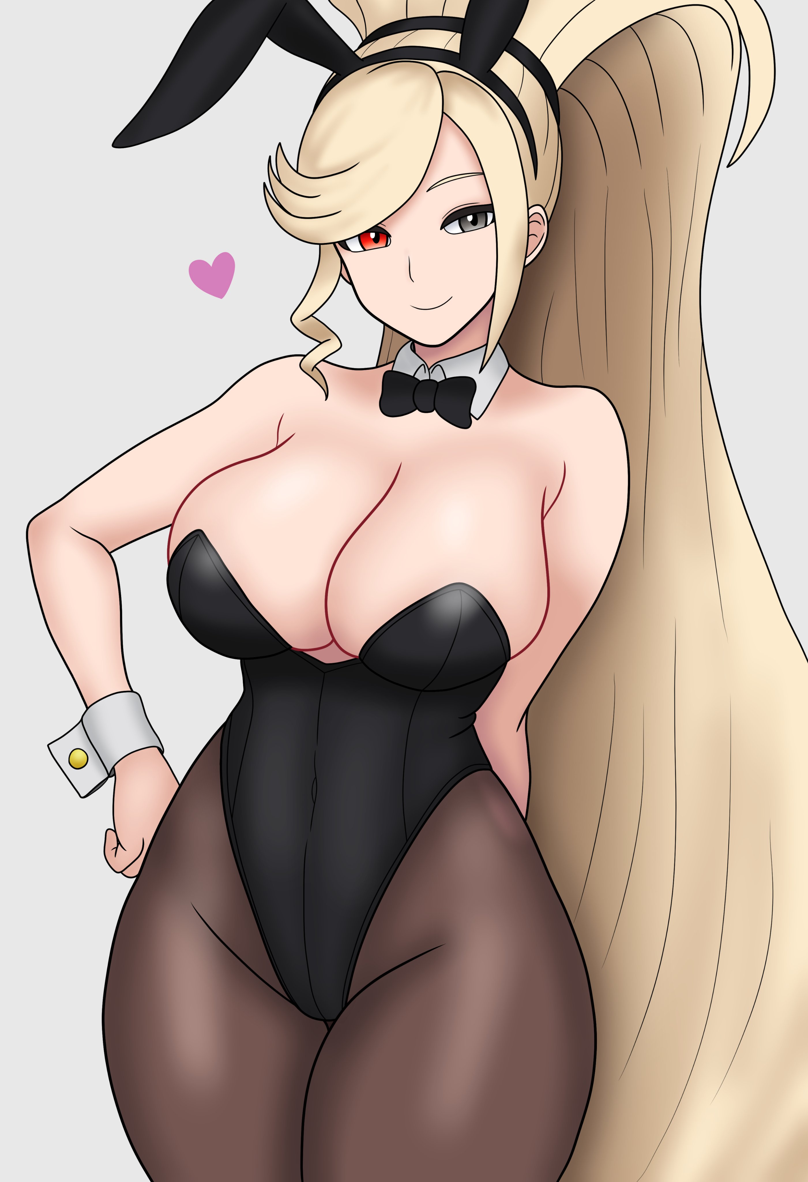 bojack198, hilda (under night in-birth), under night in-birth, absurdres, highres, 1girl, absurdly long hair, animal ear hairband, animal ears, bare shoulders, black bow, black bowtie, black leotard, blonde hair, bow, bowtie, breasts, cleavage, detached collar, fake animal ears, fishnet pantyhose, fishnets, hairband, heart, heterochromia, high ponytail, highleg, highleg leotard, large breasts, leotard, long hair, looking at viewer, pantyhose, playboy bunny, ponytail, rabbit ear hairband, rabbit ears, red eyes, solo, strapless, strapless leotard, very long hair, wrist cuffs