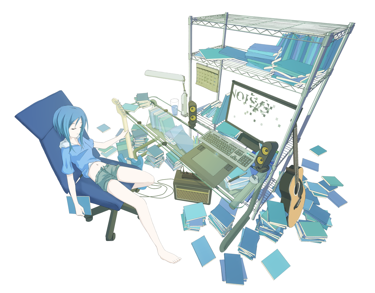 r.s.r., original, wacom, bad id, bad pixiv id, 1girl, acoustic guitar, amplifier, barefoot, blue hair, book, calendar (object), chair, closed eyes, computer, computer keyboard, drawing tablet, electric guitar, female focus, from above, glass, guitar, instrument, lamp, messy room, monitor, navel, office chair, shelf, short hair, shorts, simple background, sitting, solo, speaker, stylus, swivel chair, white background