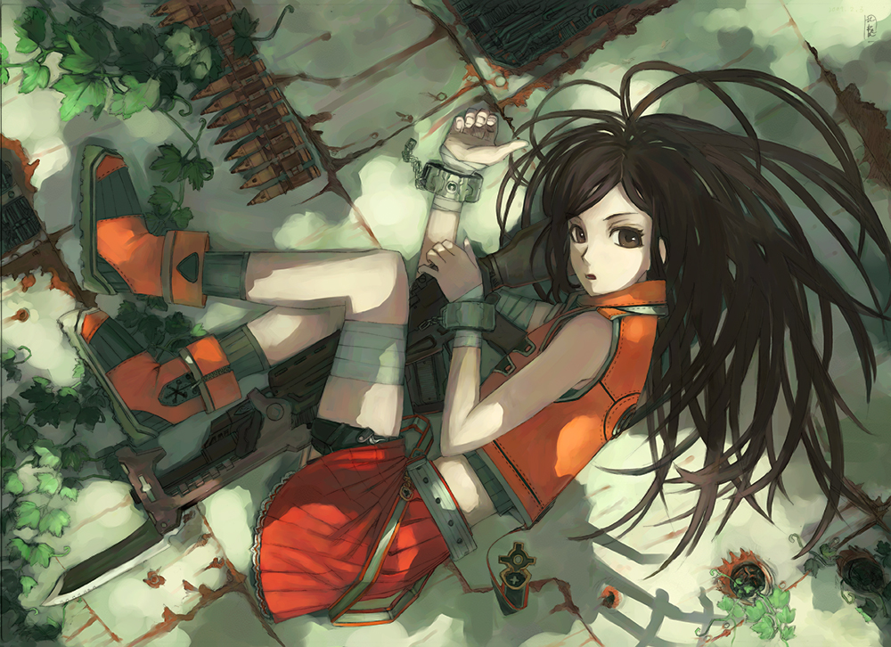 peiron, original, bandages, bayonet, brown eyes, brown hair, bullet, cuffs, gun, handcuffs, skirt, solo, thigh strap, weapon