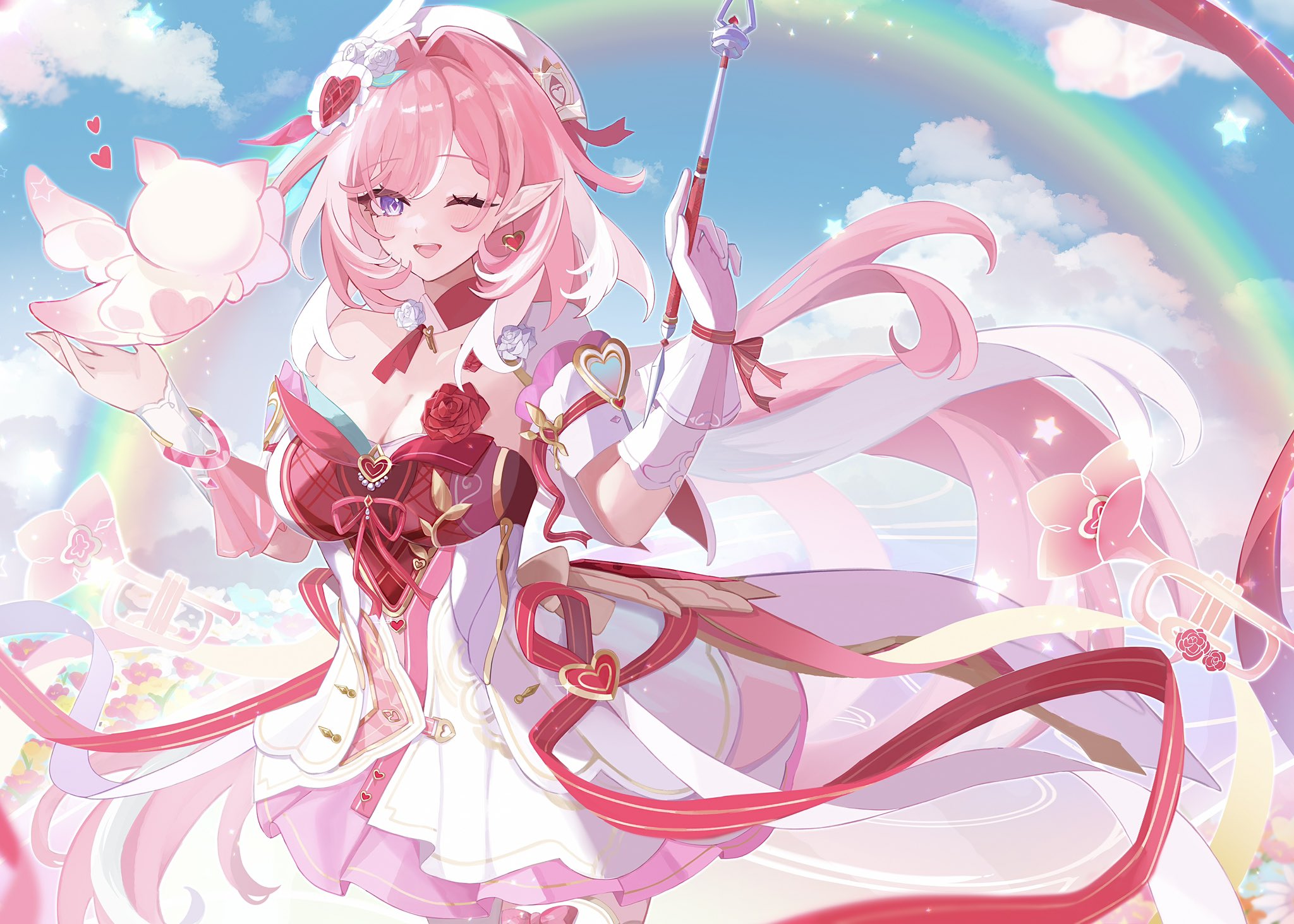 tdatnst, elysia (hi love elf) (honkai impact), elysia (honkai impact), honkai (series), honkai impact 3rd, commentary request, highres, revision, 1girl, ;o, beret, breasts, cleavage, diamond-shaped pupils, diamond (shape), dress, elf, gloves, hat, heart ribbon, holding ribbon baton, large breasts, little messenger (honkai impact), long hair, looking at viewer, multicolored hair, one eye closed, pink hair, pointy ears, purple eyes, red dress, single glove, solo, symbol-shaped pupils, two-tone hair, very long hair, white dress, white gloves, white hair