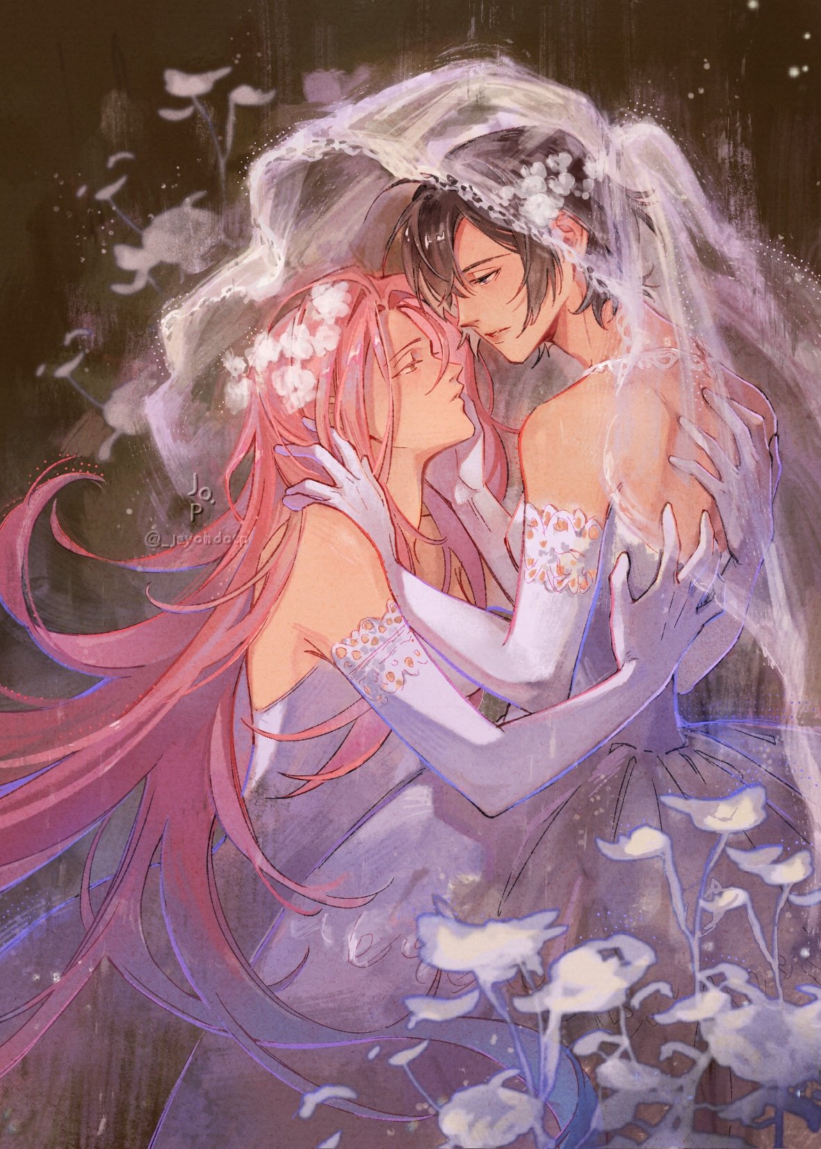 jayohdotp, mizi (alien stage), sua (alien stage), alien stage, commentary, highres, symbol-only commentary, 2girls, alternate costume, black hair, dress, elbow gloves, gloves, lace, lace-trimmed gloves, lace trim, long hair, multiple girls, pink hair, see-through clothes, see-through veil, short hair, strapless, strapless dress, veil, very long hair, white dress, white gloves, yuri