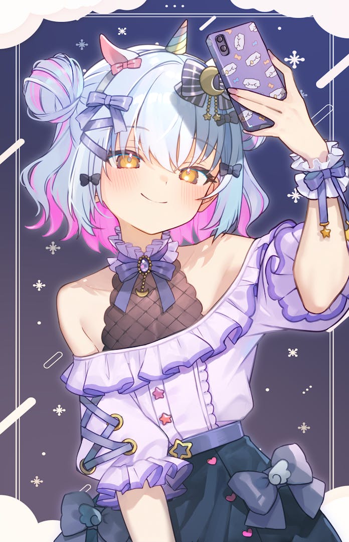 usamata, inuyama tamaki, noripro, commission, skeb commission, 1boy, bare shoulders, black skirt, blue hair, bow, colored inner hair, cross-laced clothes, cross-laced sleeves, crossdressing, crossdressing (mtf), frilled shirt, frills, hair bow, high-waist skirt, holding, holding phone, inuyama tamaki (10th costume), jirai kei, male focus, multicolored hair, off-shoulder shirt, off shoulder, official alternate costume, phone, purple shirt, shirt, short hair, skirt, smile, solo, taking shelter, trap, two-tone hair, upper body, virtual youtuber, wrist cuffs, yellow eyes