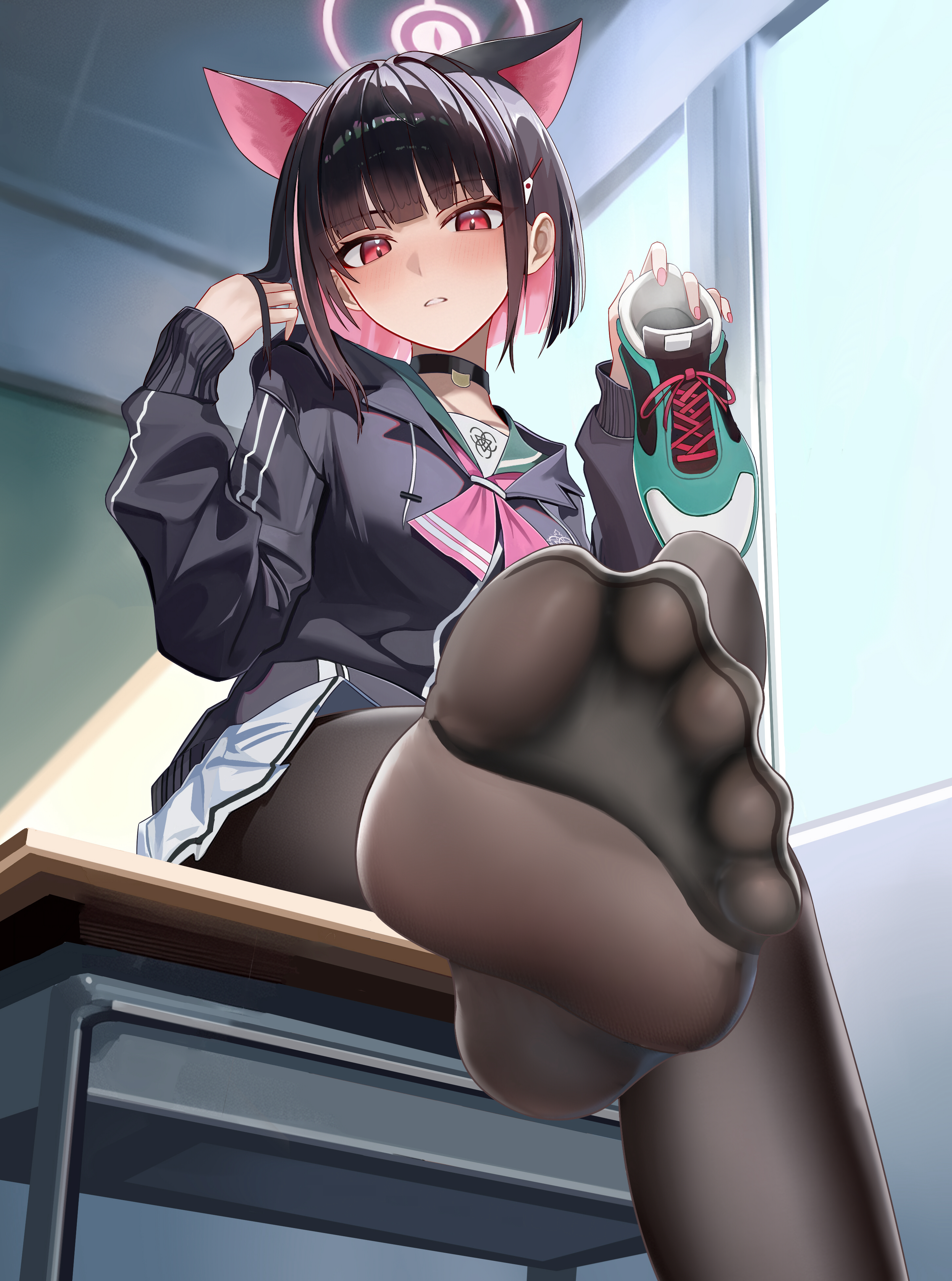bm (bm364364), kazusa (blue archive), blue archive, absurdres, highres, 1girl, animal ears, black hair, black jacket, black pantyhose, cat ears, colored inner hair, crossed legs, desk, extra ears, feet, foot focus, from below, halo, holding, holding shoes, holding unworn clothes, indoors, jacket, medium hair, multicolored hair, no shoes, on desk, pantyhose, red eyes, school desk, shoes, sitting, skirt, solo, unworn shoes, white skirt