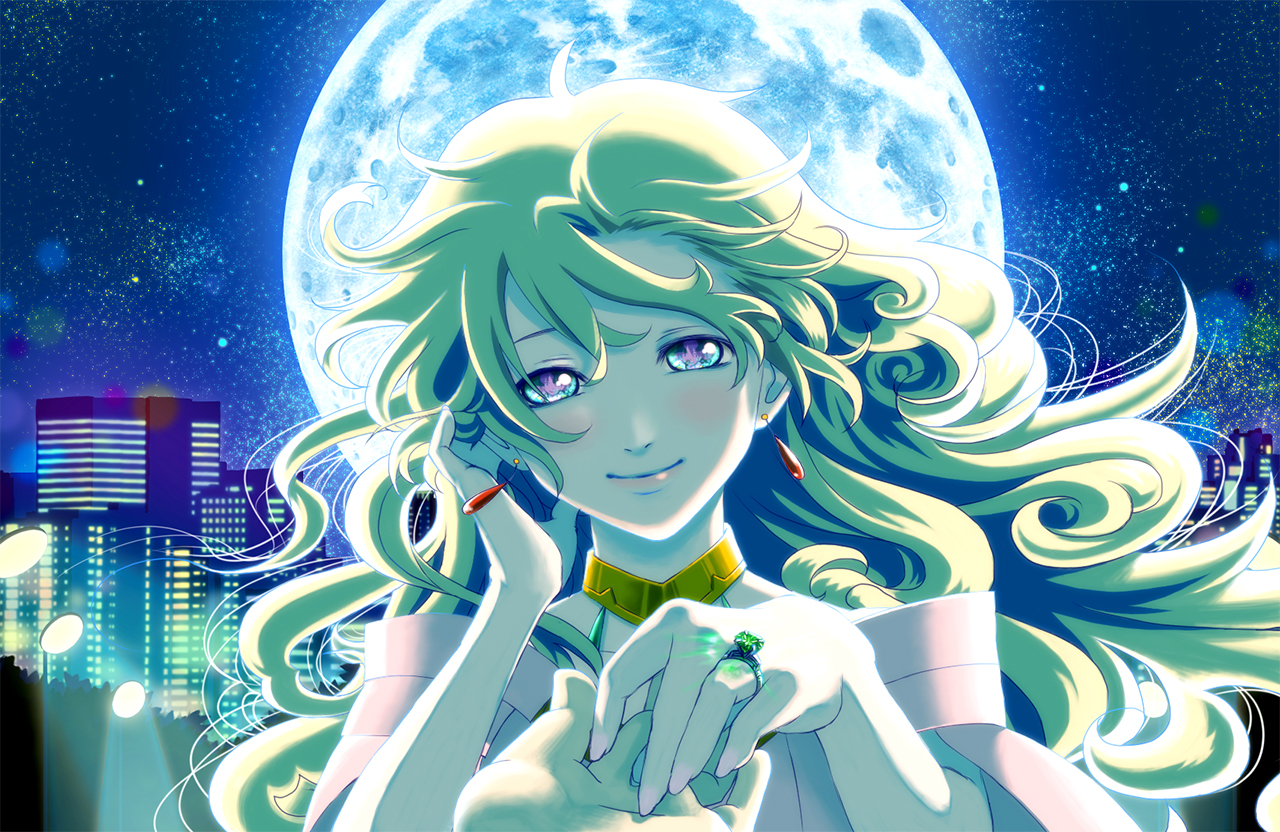 peco19peco, nia teppelin, tengen toppa gurren lagann, 00s, blush, cityscape, earrings, full moon, jewelry, long hair, marriage proposal, moon, multicolored hair, night, pov, ring, sky, smile, solo, star (sky), starry sky