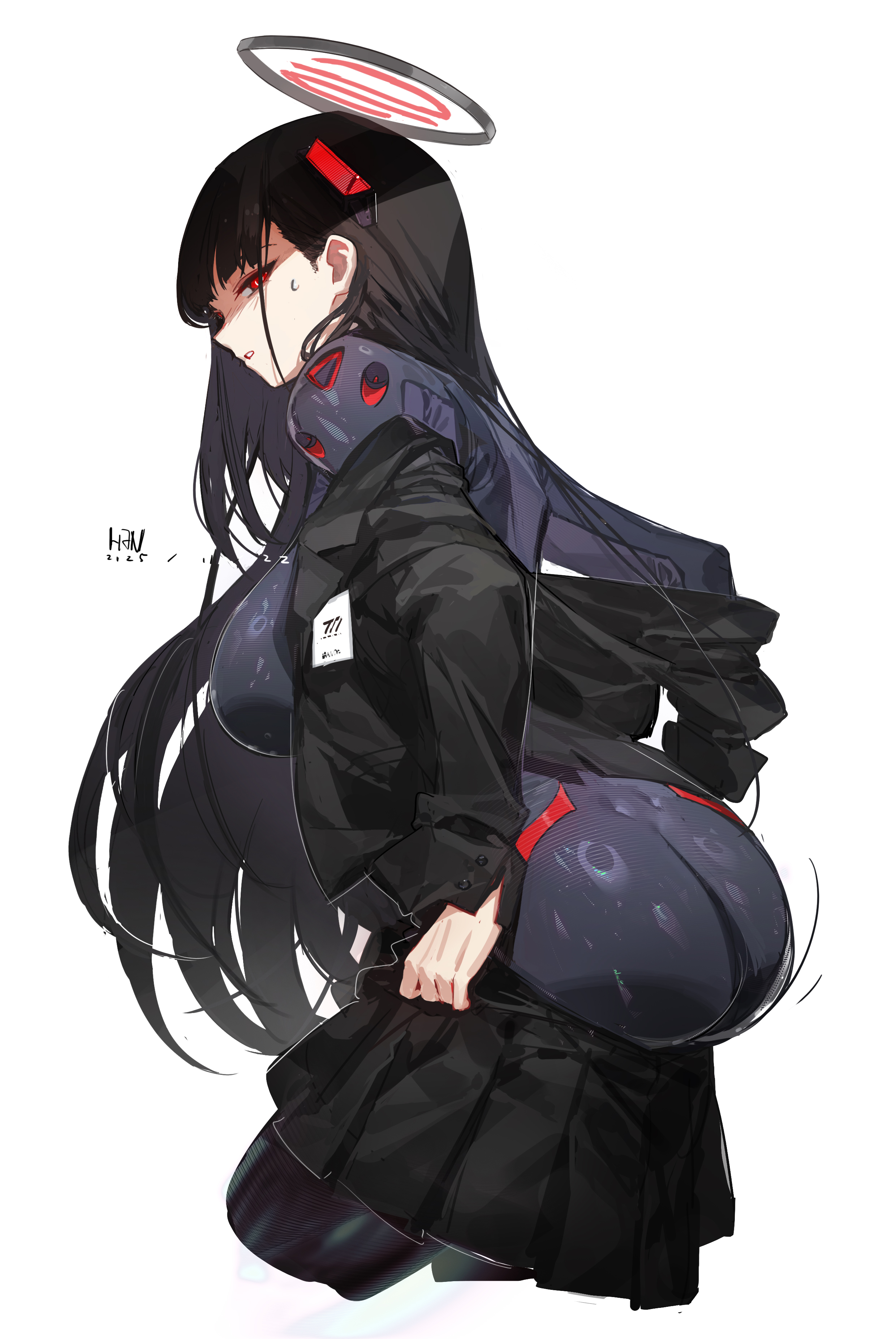 han-0v0, rio (blue archive), rio (bodysuit) (blue archive), blue archive, absurdres, highres, 1girl, ass, black bodysuit, black hair, black jacket, black skirt, bodysuit, breasts, clothes pull, cropped legs, halo, jacket, large breasts, long hair, off shoulder, open clothes, open jacket, red eyes, simple background, skirt, skirt pull, solo, very long hair, white background