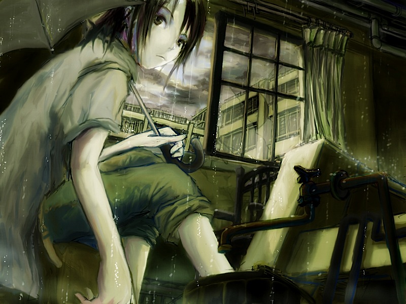 yoshidaworks, original, bad id, bad pixiv id, 1girl, black hair, female focus, rain, short hair, solo, umbrella, wet, wet clothes, wet hair