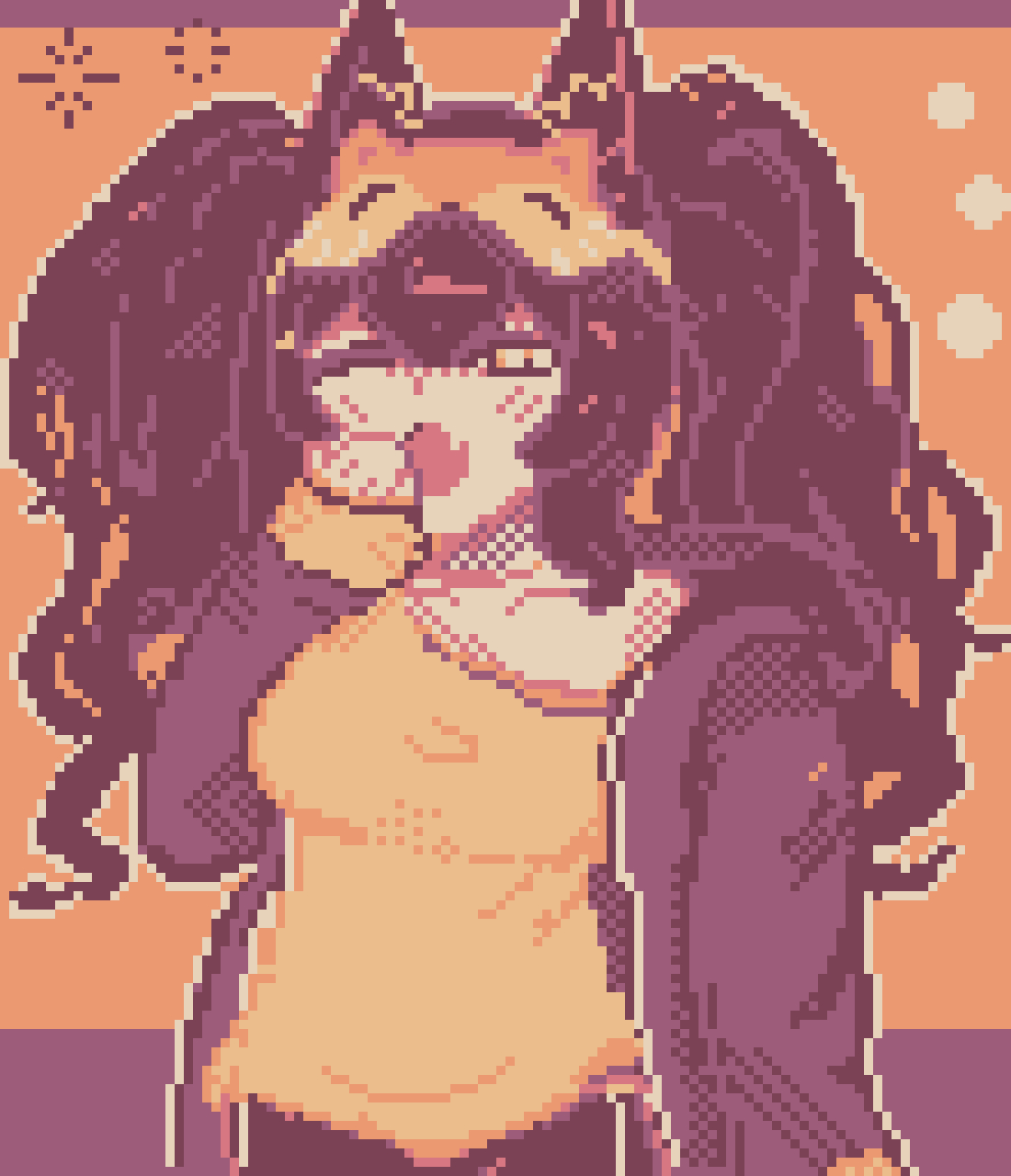 angelina (arknights), arknights, commentary, english commentary, highres, 1girl, alternate costume, alternate hair color, animal ears, black hair, black jacket, blush, breasts, collarbone, dithering, fox ears, fox girl, fox mask, hair between eyes, jacket, long hair, long sleeves, looking at viewer, mask, mask on head, medium breasts, no nose, off shoulder, one eye closed, open clothes, open jacket, pixel art, shirt, solo, squeans, twintails, upper body, vivlily (uservnss8752), yawning, yellow eyes, yellow shirt