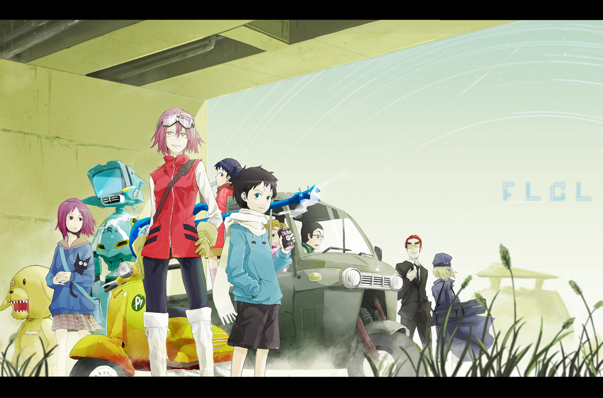 takkun, usi, amarao, buster-kun, canti, haruhara haruko, kitsurubami, manabe gaku, masamune masashi, nandaba naota, ninamori eri, samejima mamimi, takkun (flcl), flcl, the pillows, vespa, vehicle, bad id, bad pixiv id, photoshop (medium), 00s, 4boys, 4girls, autocycle, bass guitar, black cat, cardigan, cat, copyright name, everyone, feet out of frame, gloves, goggles, goggles on head, grass, hand in pocket, hat, instrument, letterboxed, little buster, motor vehicle, multiple boys, multiple girls, overpass, robot, scarf, school uniform, scooter, sharp teeth, standing, teeth, three-wheeler
