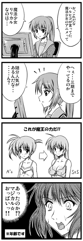 johnny (from scratch), kyonko, takamachi nanoha, lyrical nanoha, mahou shoujo lyrical nanoha, mahou shoujo lyrical nanoha strikers, suzumiya haruhi no yuuutsu, translation request, 00s, 2girls, 4koma, bra, breasts, cleavage, comic, computer, flat chest, genderswap, genderswap (mtf), greyscale, lingerie, medium breasts, monochrome, multiple girls, ponytail, twintails, underwear
