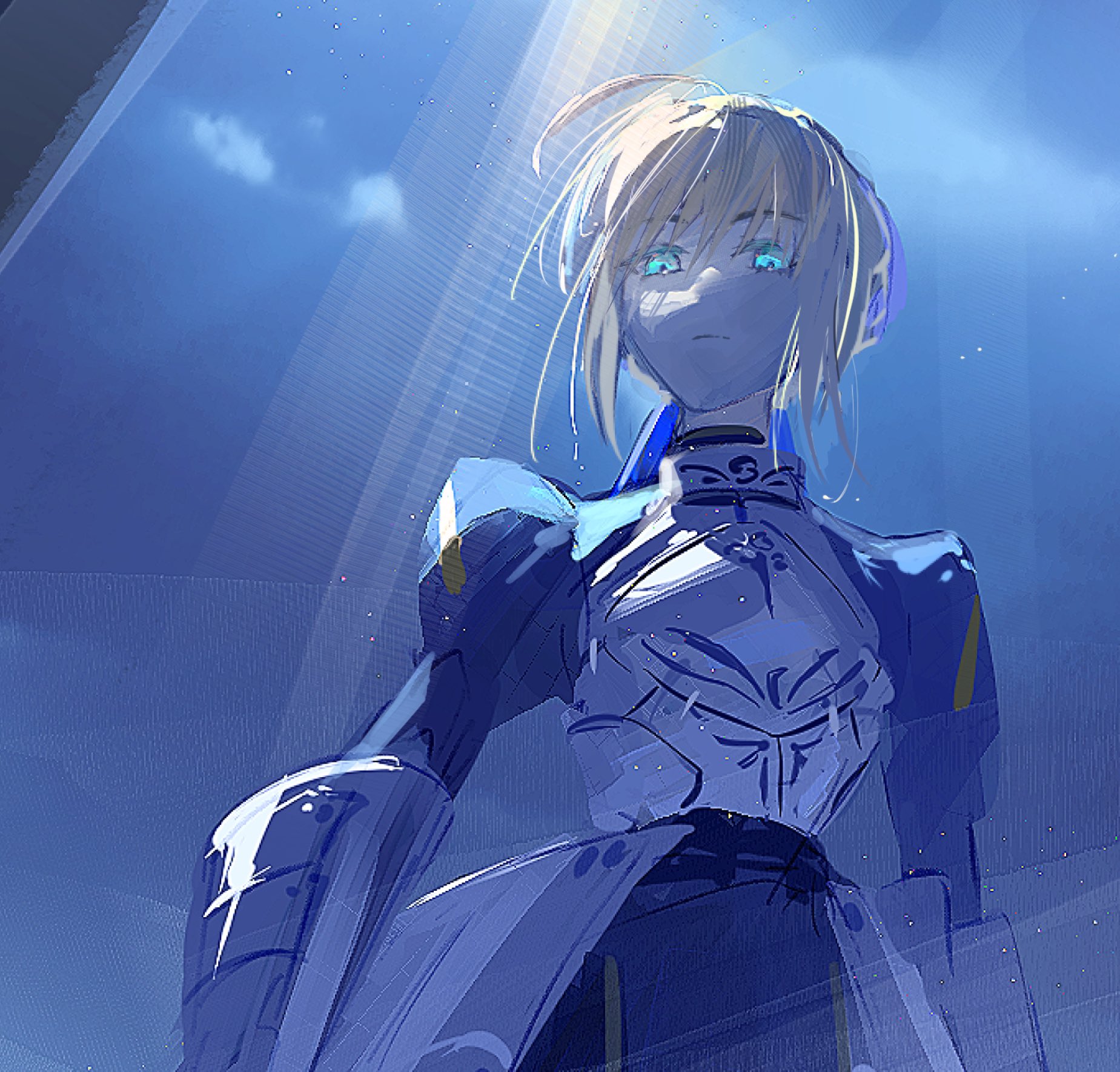 ubwmitekure, artoria pendragon (fate), saber (fate), fate/stay night, fate (series), highres, 1girl, ahoge, armor, armored dress, blonde hair, braid, braided bun, bun with braided base, dress, faulds, gauntlets, green eyes, hair bun, night, night sky, sky, solo