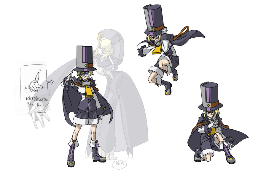 carl clover, nirvana (blazblue), arc system works, blazblue, blazblue: calamity trigger, purple footwear, concept art, official art, 1boy, 1girl, blonde hair, blue eyes, boots, cape, glasses, hat, hat tip, marionette, puppet, sketch, squatting, top hat