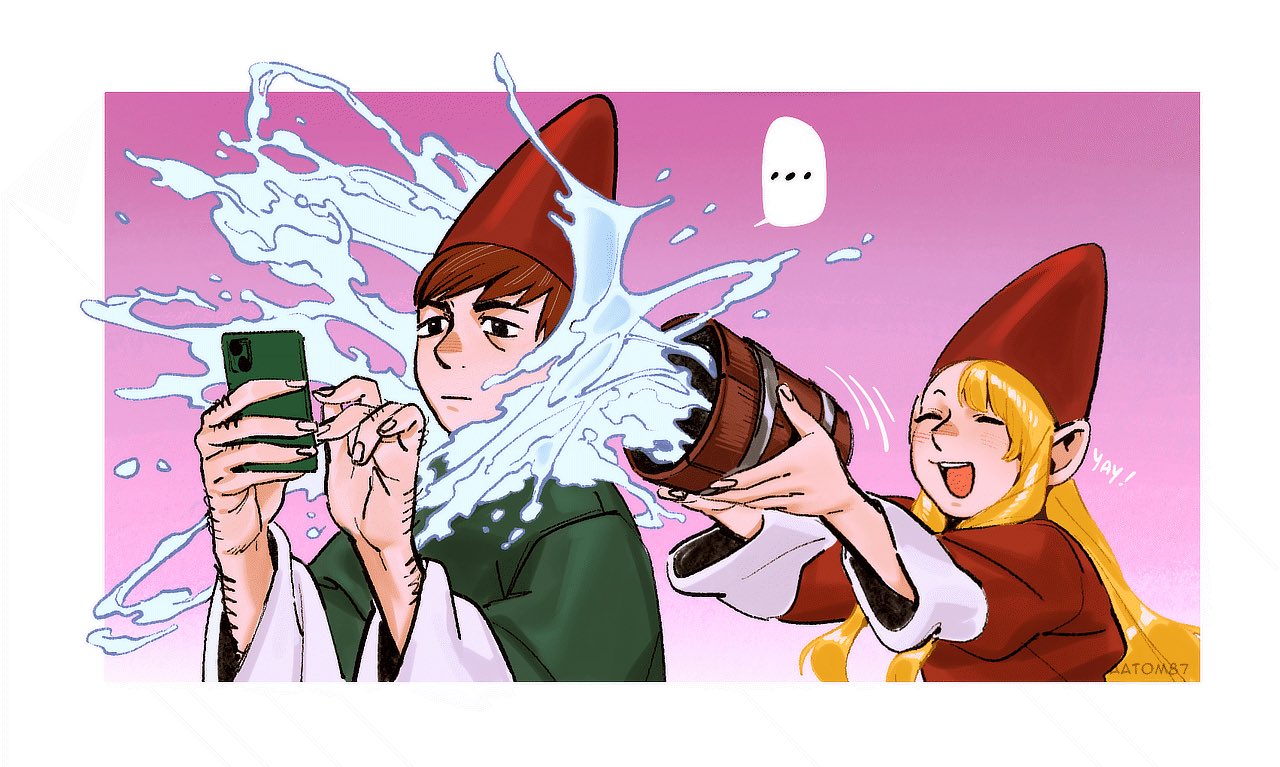 aatom87, chilchuck tims, marcille donato, marcille donato (gnome), dungeon meshi, commentary, english commentary, 1boy, 1girl, alternate species, anachronism, arm hair, artist name, blonde hair, brown hair, bucket, cellphone, gnome, hat, holding, holding bucket, holding phone, long hair, phone, pointy ears, red hat, smartphone, splashing, water
