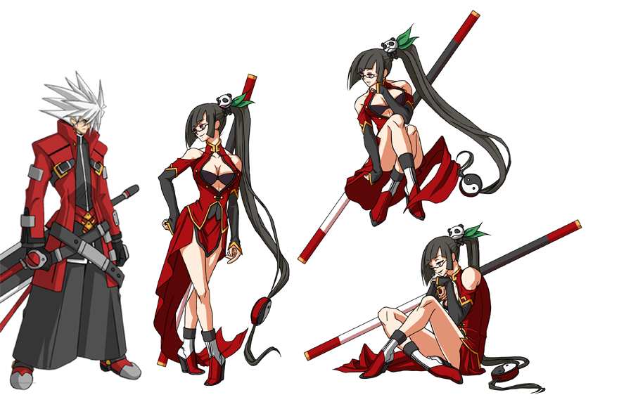lao jiu, litchi faye ling, ragna the bloodedge, arc system works, blazblue, blazblue: calamity trigger, silver hair, concept art, official art, 1boy, 1girl, black hair, black pants, chinese clothes, cleavage cutout, clothing cutout, hakama, hakama pants, holding behind back, holding polearm, holding polearm behind back, holding weapon, holding weapon behind back, japanese clothes, long hair, panda, pants, polearm, spiked hair, squatting, staff, very long hair