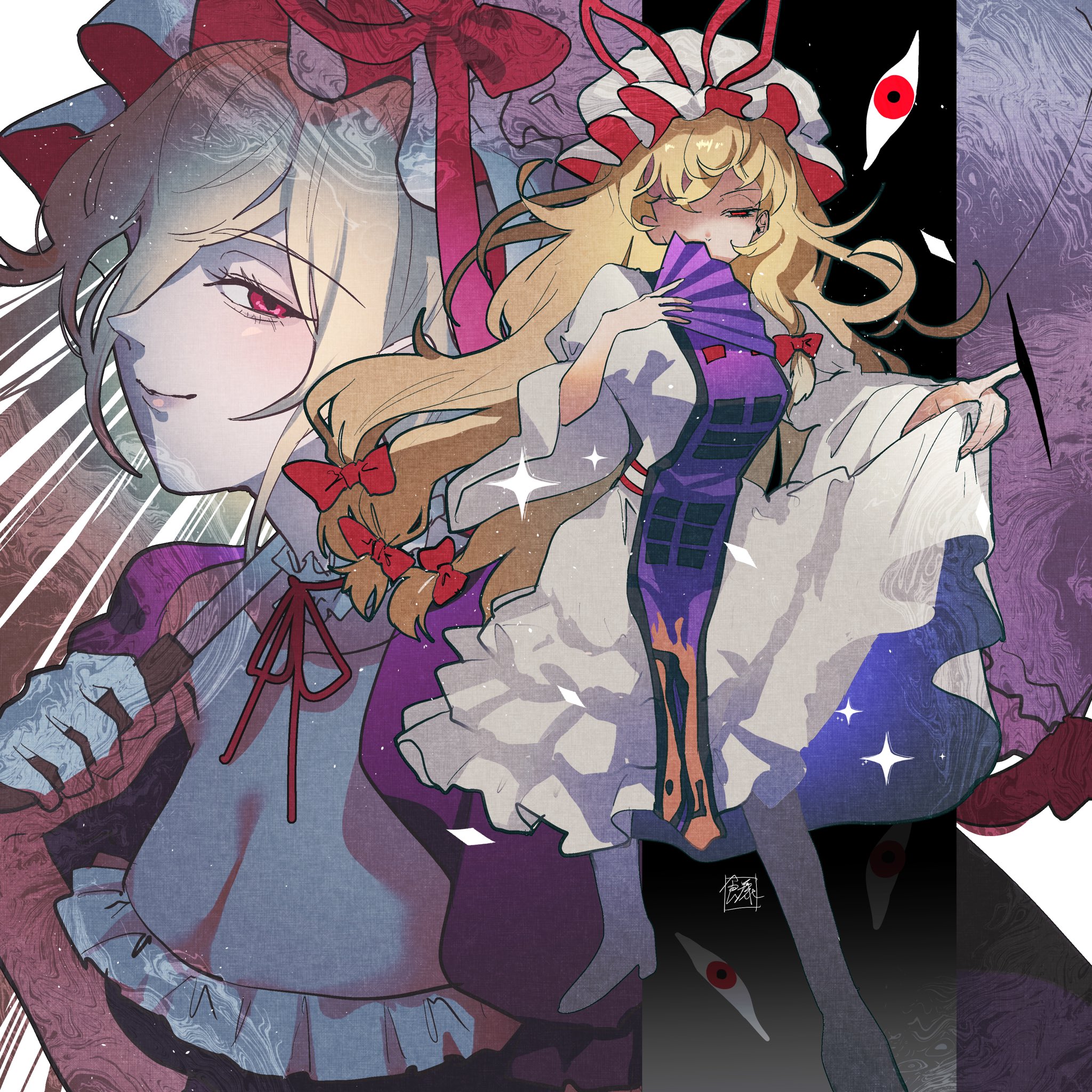 sokura (mochichitose), yakumo yukari, touhou, commentary, duplicate, highres, 1girl, black trim, blonde hair, bow, breasts, cleavage, dress, fan to mouth, full body, gap (touhou), hair bow, hair over one eye, half-closed eyes, hand fan, hat, hat ribbon, holding, holding fan, holding umbrella, lips, long dress, long hair, mob cap, multiple views, neck ribbon, purple dress, purple tabard, red bow, red eyes, red ribbon, ribbon, skirt hold, smile, standing, tabard, umbrella, white dress, white hat, wide sleeves