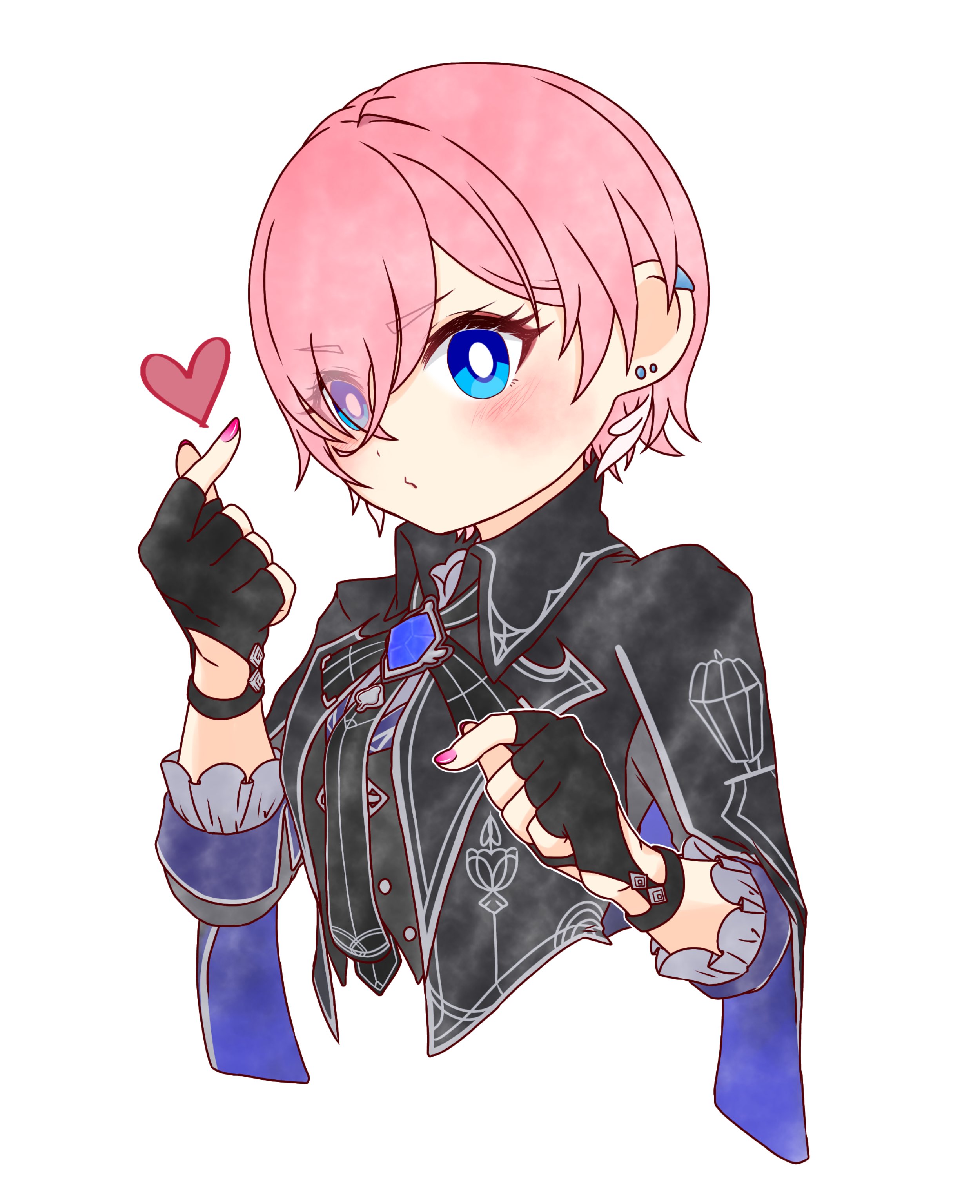 ringo 21 a, takane lui, takane lui (british gothic), hololive, absurdres, commentary request, highres, 1girl, black gloves, blue eyes, blush, closed mouth, cropped torso, earrings, finger heart, fingerless gloves, fingernails, gloves, hair over one eye, hands up, heart, jewelry, looking at viewer, nail polish, official alternate costume, parted bangs, pink hair, pink nails, short hair, simple background, solo, virtual youtuber, white background