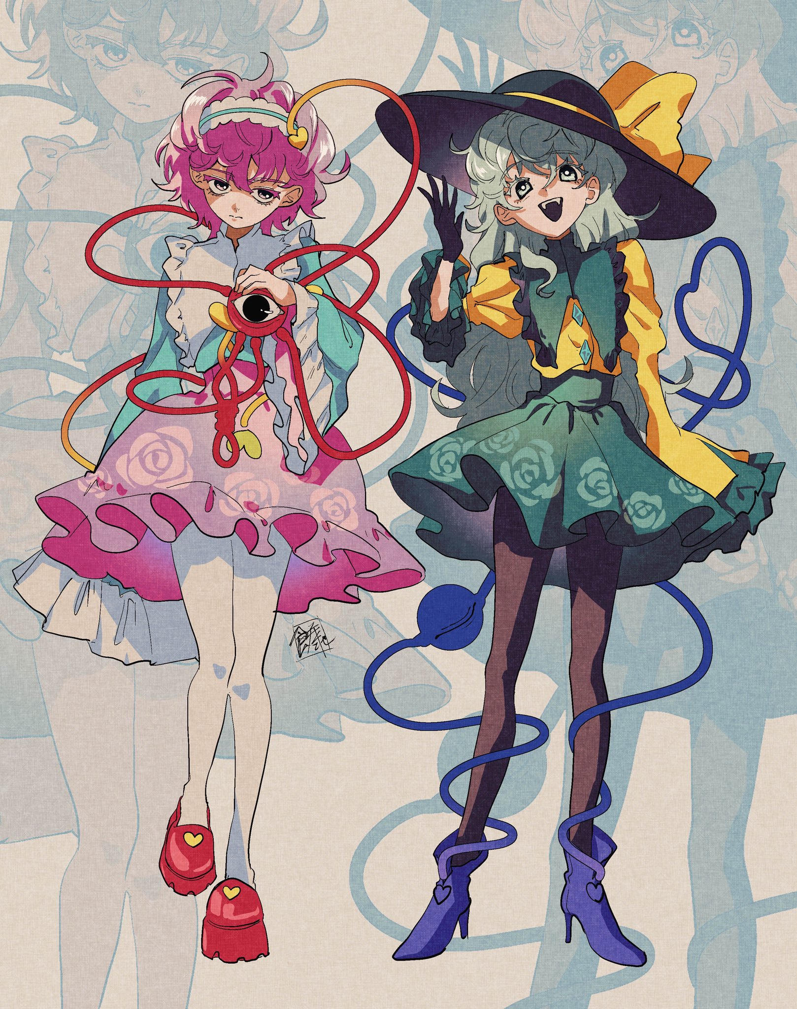 sokura (mochichitose), komeiji koishi, komeiji satori, touhou, commentary, duplicate, highres, 2girls, :d, adapted costume, arm at side, black gloves, black hat, black pantyhose, blue hairband, blue shirt, blue shoes, bow, buttons, closed mouth, collared shirt, colored eyelashes, contrast collar, diamond button, floral print, frilled hairband, frilled shirt collar, frilled skirt, frilled sleeves, frills, full body, gloves, green eyes, green hair, green shirt, green skirt, hair behind ear, hairband, hand up, hat, hat bow, hat ribbon, head tilt, heart, heart button, heart print, high collar, high heels, juliet sleeves, long hair, long sleeves, looking at viewer, messy hair, miniskirt, multiple girls, open mouth, pantyhose, pink eyes, pink hair, pink skirt, platform shoes, pleated skirt, pout, puffy sleeves, red shoes, ribbon, rose print, sanpaku, shaded face, shirt, shoes, siblings, signature, single sleeve past fingers, sisters, skirt, smile, standing, standing on one leg, sun hat, tareme, teeth, third eye on chest, two-tone hairband, two-tone shirt, upper teeth only, very long hair, wavy hair, white hairband, white pantyhose, white shirt, wide brim, wide sleeves, wing collar, yellow bow, yellow ribbon, yellow shirt, zoom layer