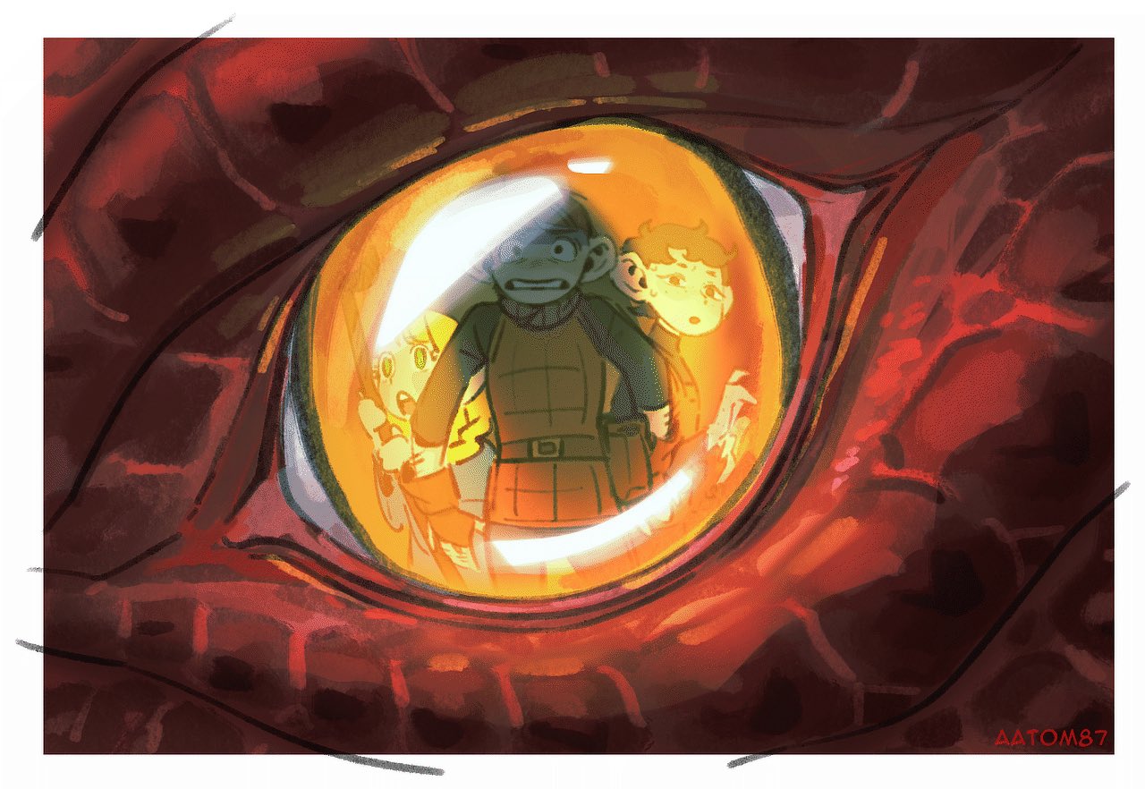 aatom87, chilchuck tims, dandan (dungeon meshi), marcille donato, marcille donato (half-foot), dungeon meshi, commentary, english commentary, 1girl, 2boys, ambrosia (dungeon meshi), black hair, blonde hair, brown gloves, brown hair, close-up, dragon, eye reflection, fingerless gloves, gloves, green eyes, holding, holding staff, multiple boys, pouch, reflection, scared, staff