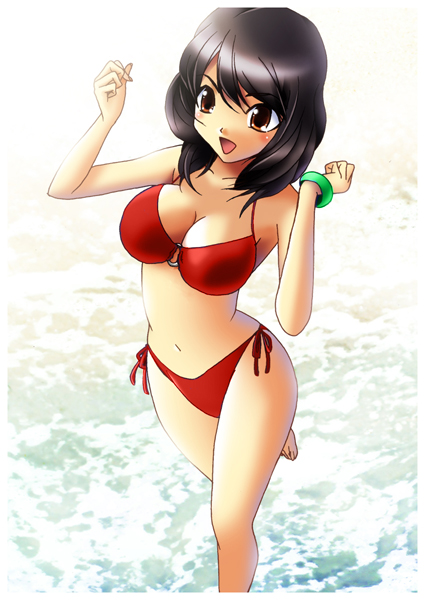 yadokari genpachirou, original, 1girl, barefoot, bikini, black hair, bracelet, breasts, brown eyes, cleavage, female focus, jewelry, large breasts, red bikini, short hair, solo, swimsuit