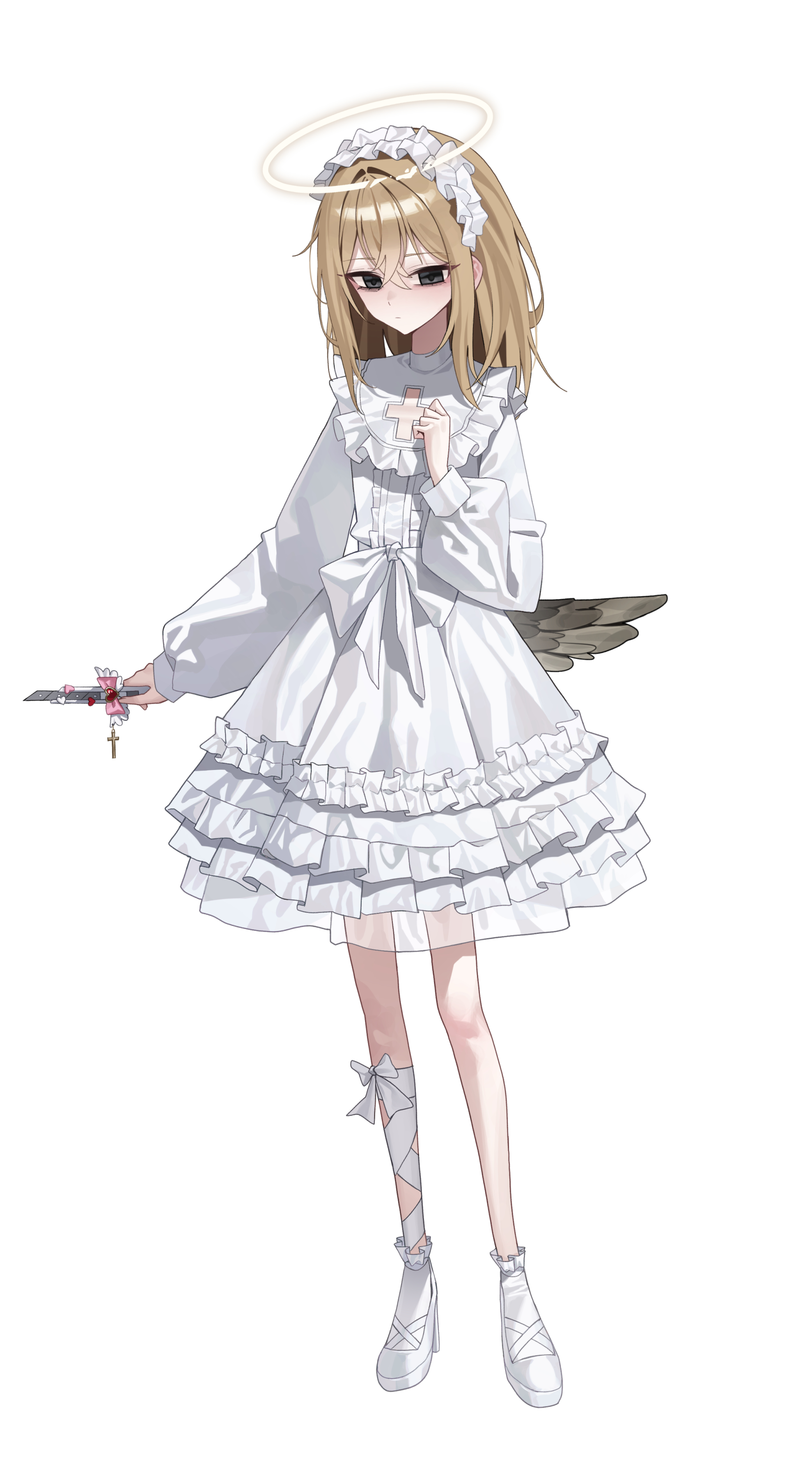 mansu (mansu113355), original, absurdres, highres, 1girl, ashal (mansu), bags under eyes, black eyes, blonde hair, boxcutter, broken halo, dress, fallen angel, frilled dress, frills, gothic lolita, hair between eyes, hairband, halo, high heels, holding, holding boxcutter, lolita fashion, lolita hairband, long hair, looking at viewer, low wings, single wing, solo, traditional halo, white background, white dress, white hairband, wings