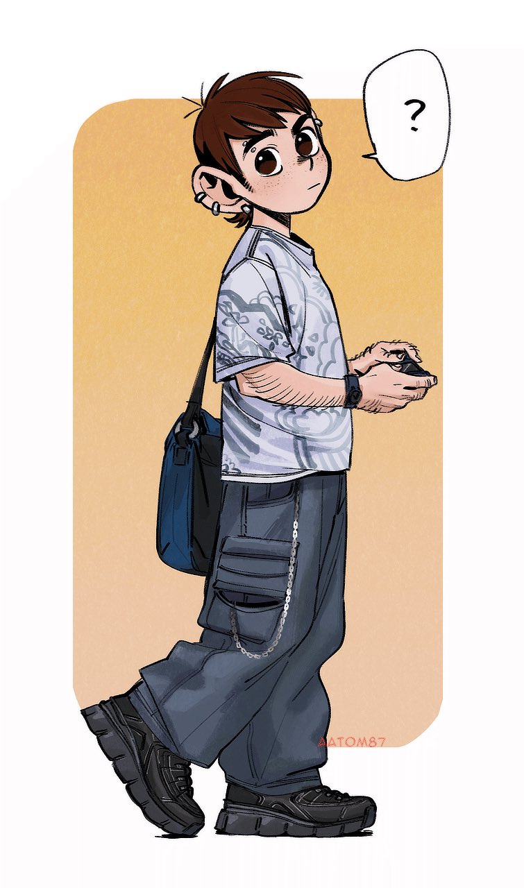 aatom87, chilchuck tims, dungeon meshi, commentary, english commentary, highres, 1boy, ?, arm hair, artist name, bag, black shoes, cargo pants, chain, contemporary, ear piercing, earrings, eyebrow piercing, face piercing, from side, full body, holding, jewelry, looking at viewer, male focus, pants, piercing, shoes, solo, spoken question mark, watermark, wristband